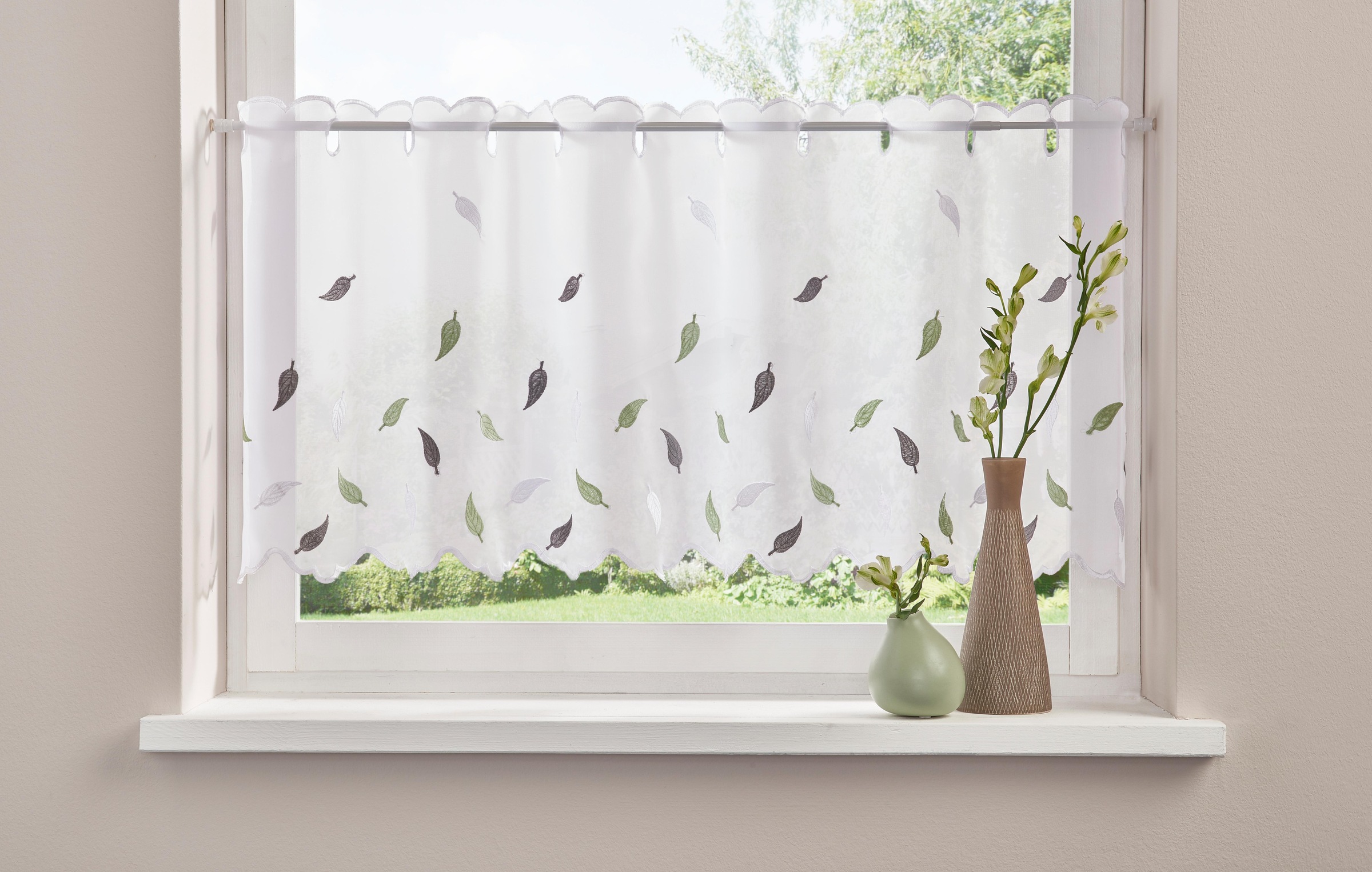 Image of GOODproduct Scheibengardine "Blätter" Durchzuglöcher 1 Stk. tlg. mit Stickerei, Voile, Blätter