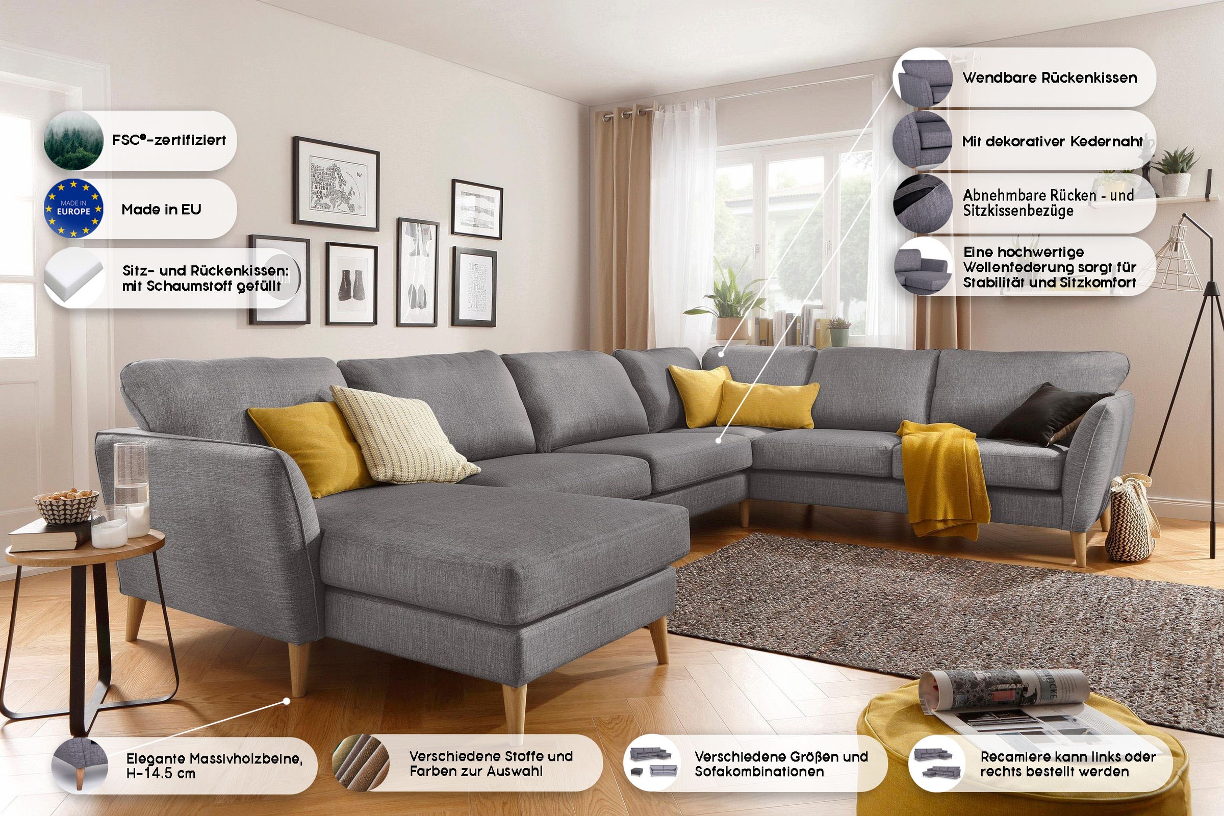 Home affaire Wohnlandschaft »MARSEILLE XXL 349cm, U-Form, Ottomane rechts/links wählbar«, Massivholzbeine aus Eiche, In verschieden Bezügen und Farbvarianten