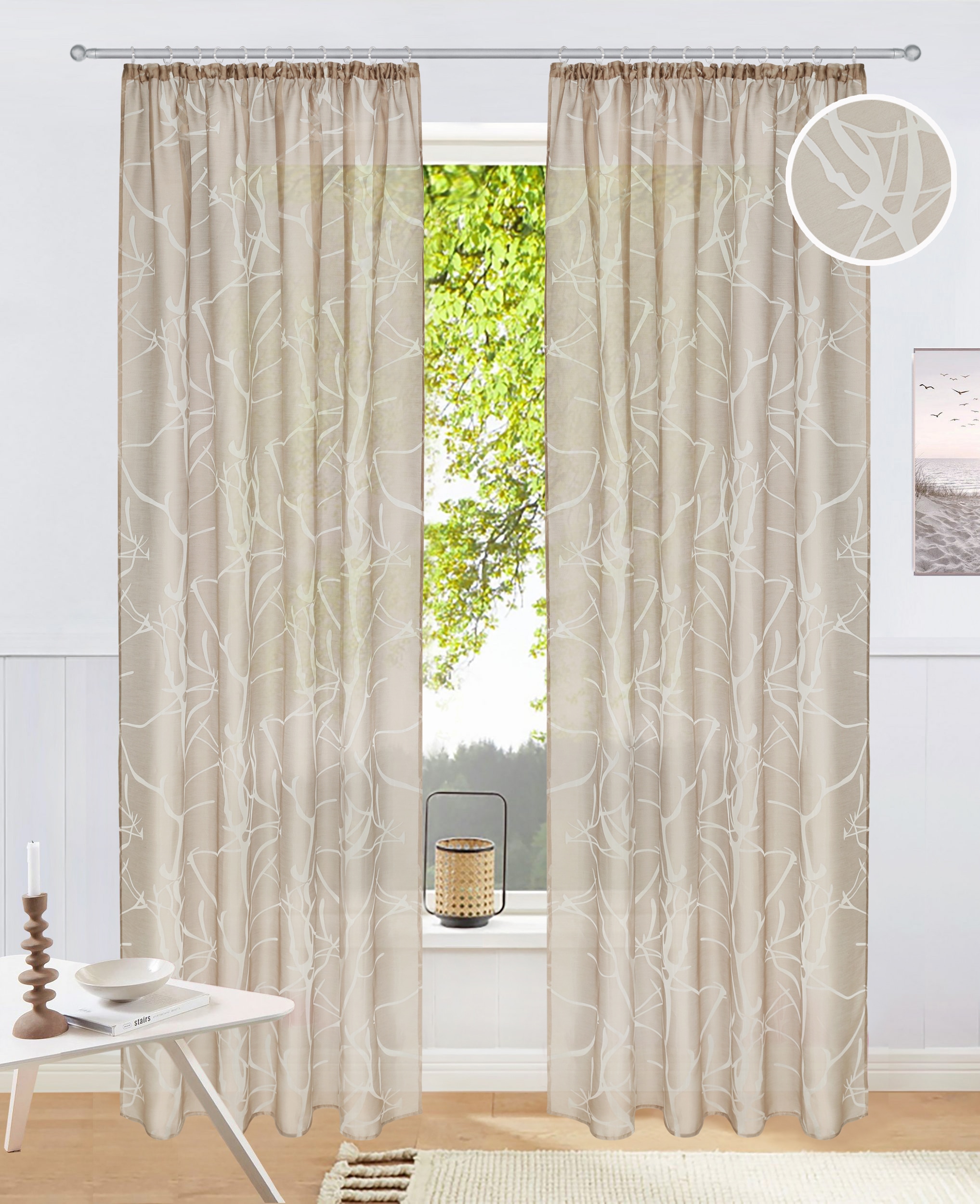 Image of GOODproduct Gardine "Anna, 1 Stück, Kräuselband, halbtransparent" Kräuselband 1 Stk. tlg. Viskose, Polyester, Äste-Motiv