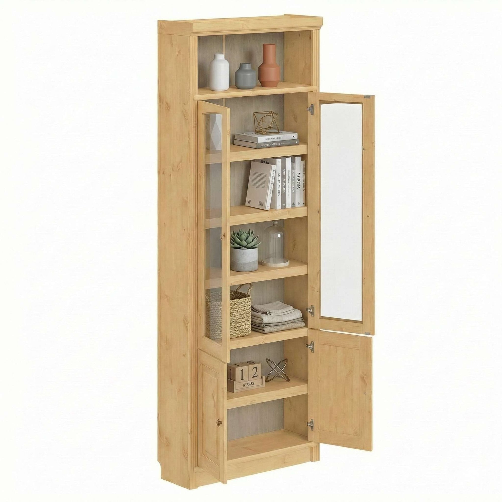 GOODproduct Vitrines »Soeren Regal mit 2 Glastüren und 2 Holztüren, B/TH: 80/29/220 cm« Kiefer FSC®-zertifiziert, 1 offenes Fach, 6 Fächer hinter den Türen
