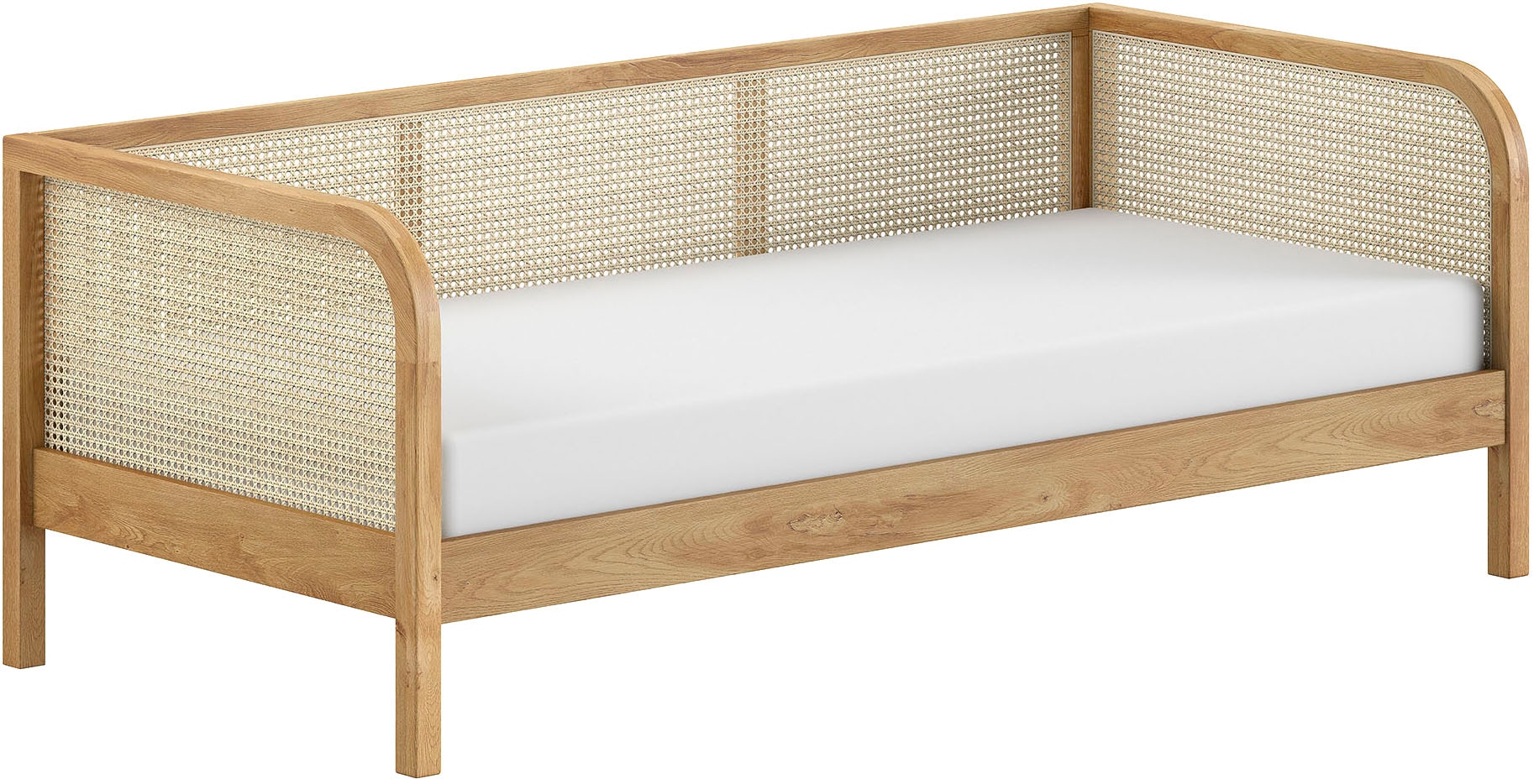Image of Vipack Bett "Olive, mit Eiche massiven Bettpfosten, Bettseiten furniert" B/H/T ca. 210x75x96,6cm, Auf. Natur, zeitloses Design, 90/200 inkl. Lattenrost und trendigen Rattan Kopf- u. Seitenteilen