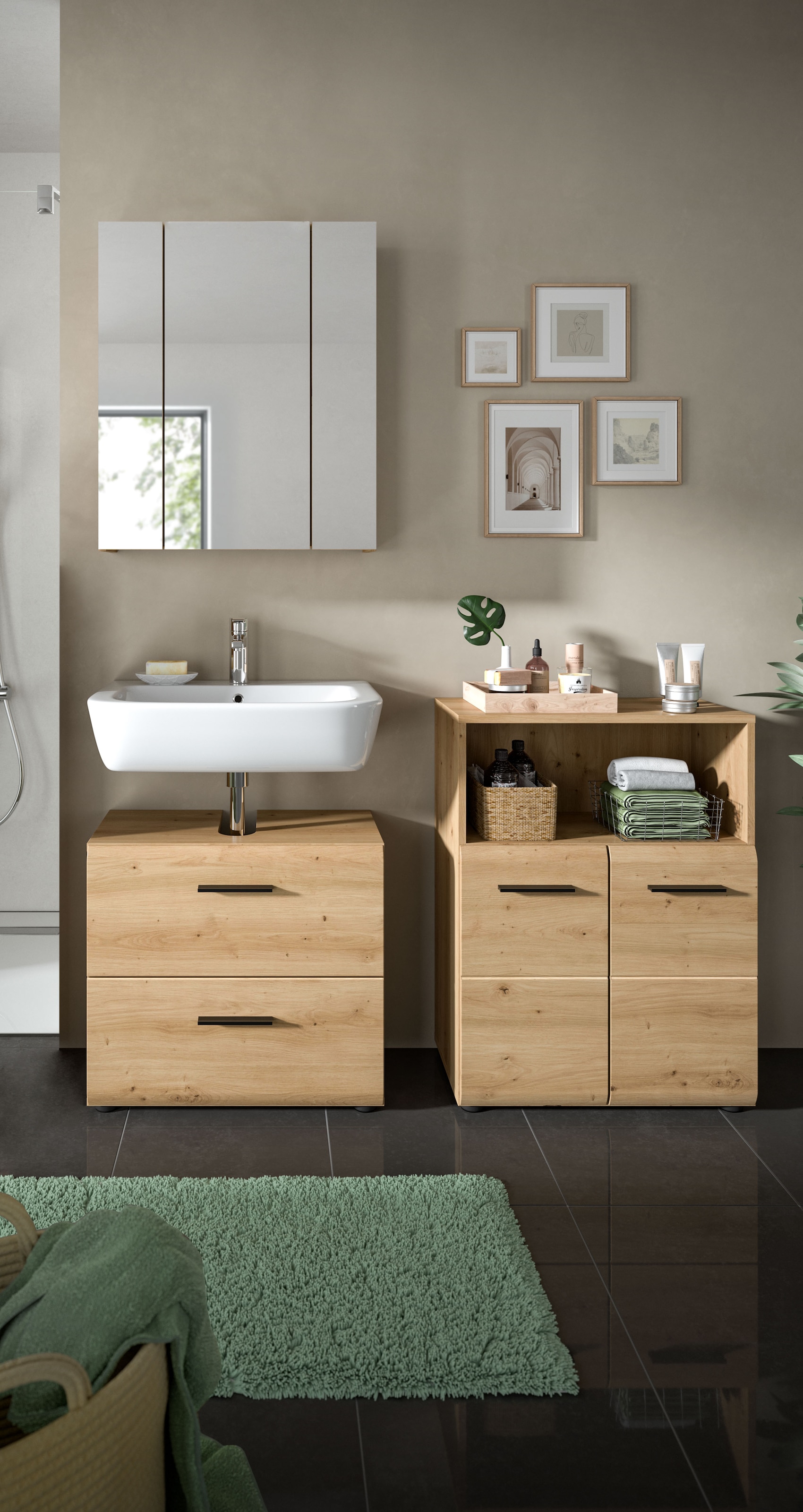 welltime Ensemble de meubles de salle de bain »FLORENZ,  3-teilige Badkombination, hochwertige MDF-Front« Ensemble, best. aus: Waschbeckenunterschrank, Spiegelschrank, Midischrank breit, 3 cuis tlg.
