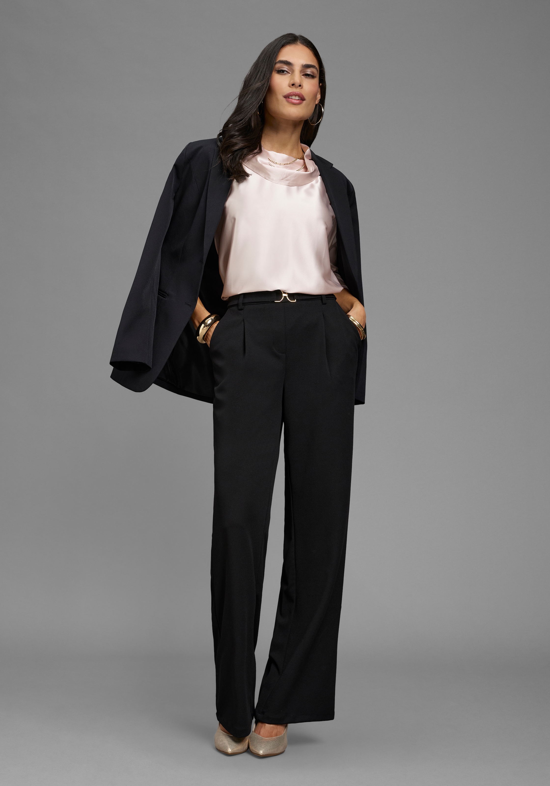 Laura Scott Shirtbluse aus Satin und Jersey, figurumspielende Passform, 3/4-Fledermausärmel