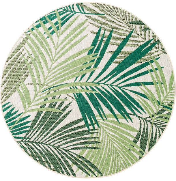 Image of Paco Home Teppich "Ostende 534" rund 4 mm Höhe Flachgewebe, Motiv Palmenblätter, In- und Outdoor geeignet, Wohnzimmer