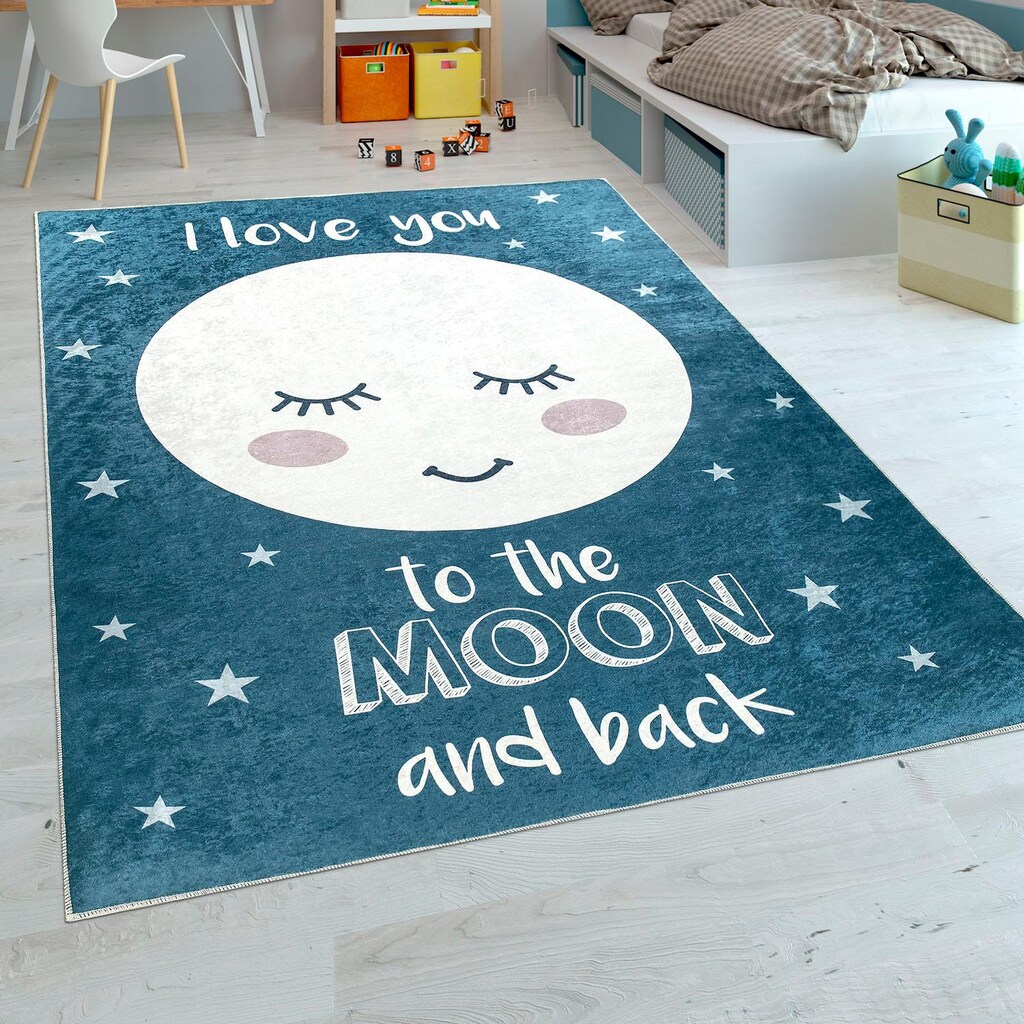 Paco Home Kinderteppich »Aleyna 103«, rechteckig, 6 mm Höhe, Kinder Design, niedliches Mond Motiv mit Schriftzug, Kinderzimmer
