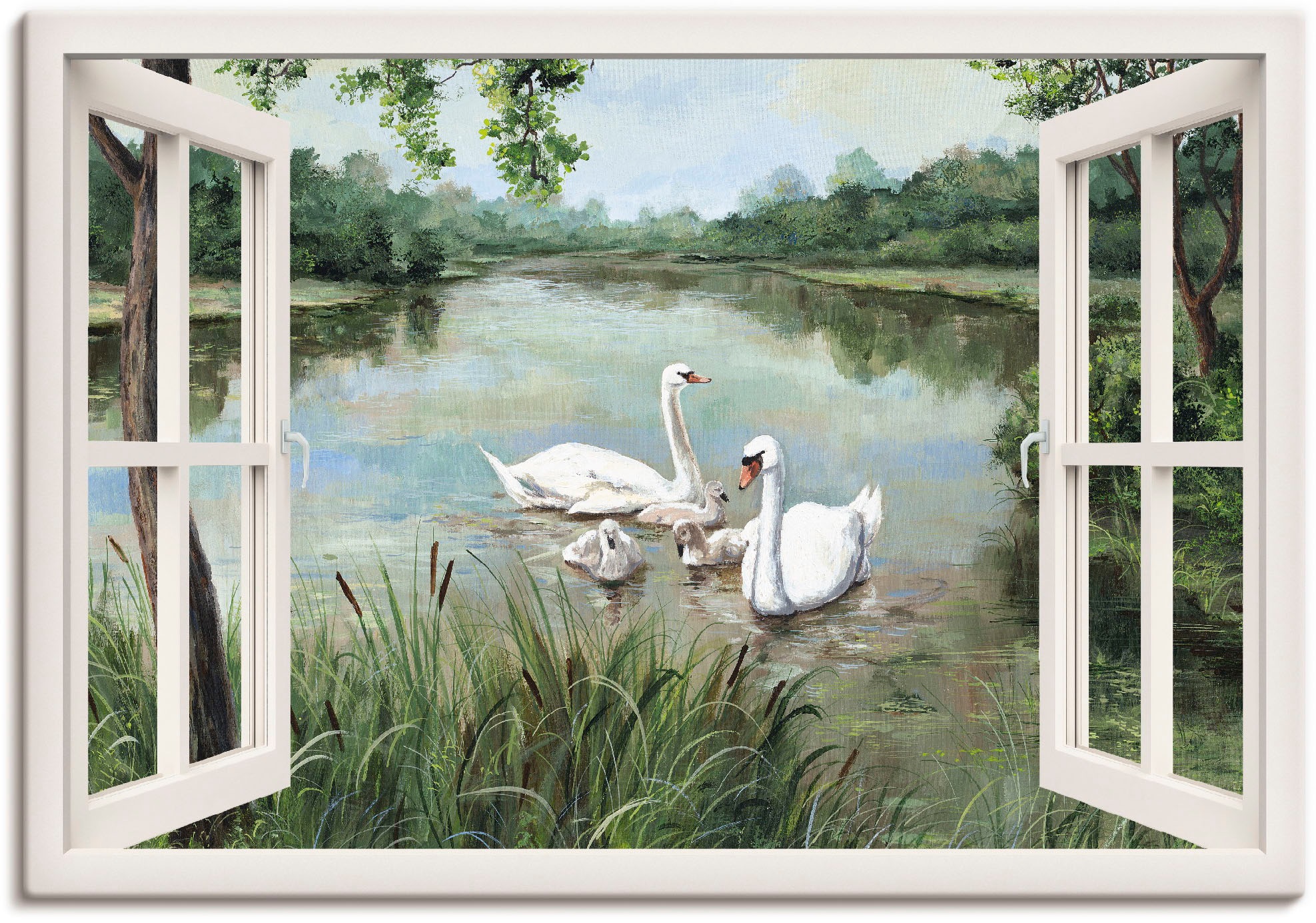 Image of Artland Leinwandbild "Fensterblick - Schwäne" Vögel 1 Stk. tlg. auf Holzrahmen gespannt