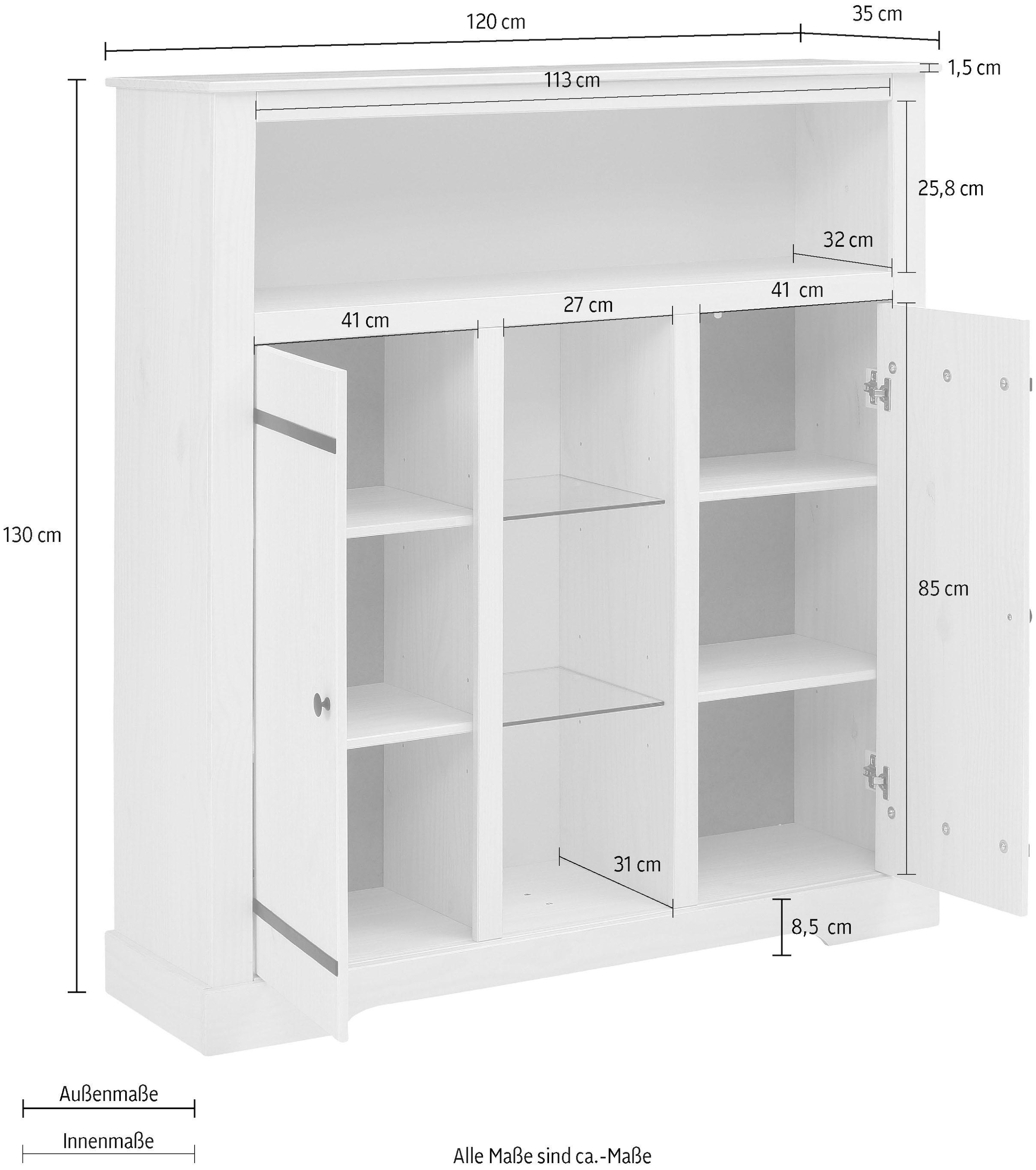 Home affaire Highboard, aus Kiefernholz, massivem zwei mit kaufen verstellbaren Glasböden