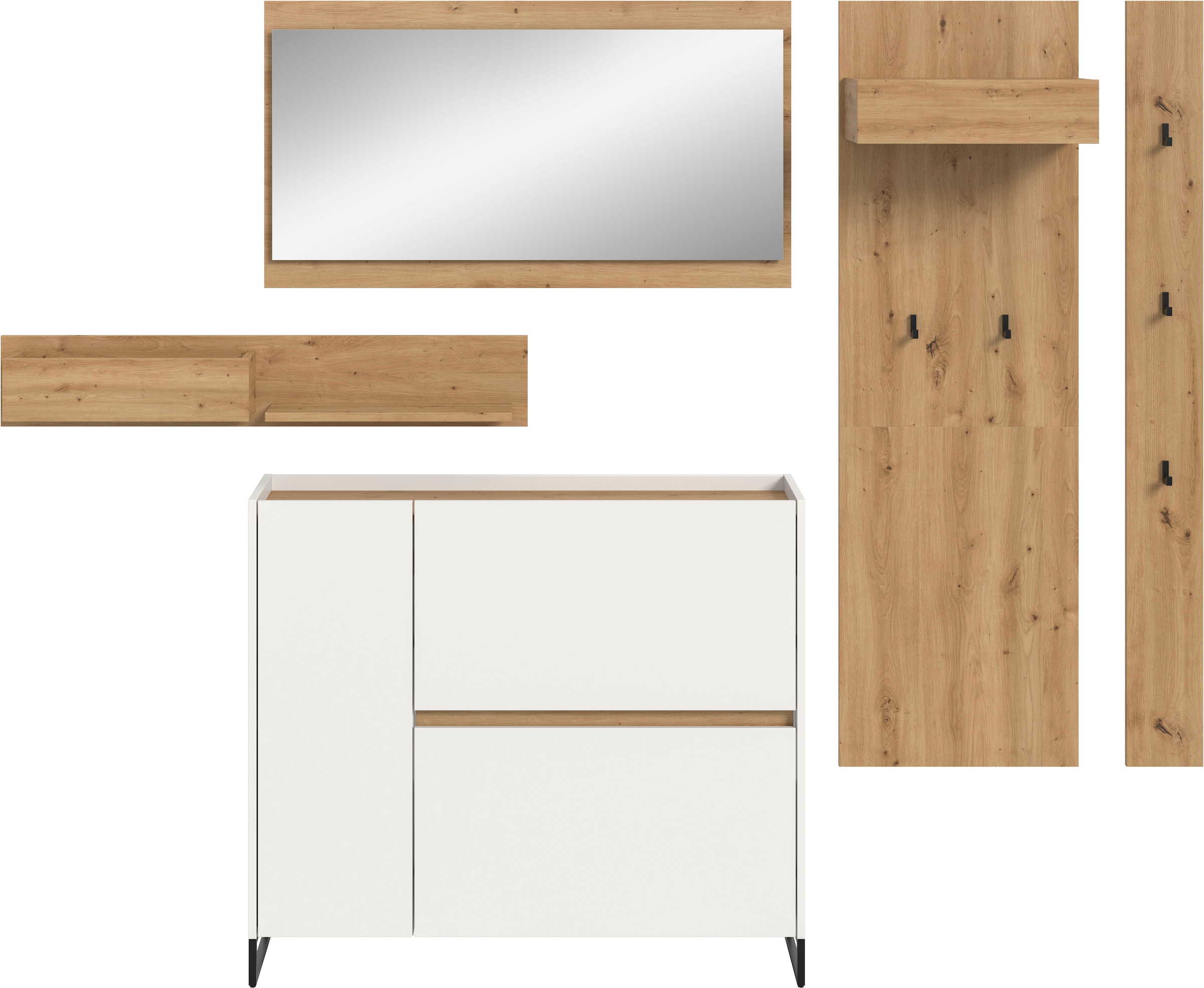 Home affaire Garderoben-Set »EVRID, 5-teilig, Breite 236 cm, individuell stellbar & erweiterbar« best. aus: Wandboard, Kommode, Spiegel, Garderobenpaneel, Hakenleiste, 5 Stk. tlg.