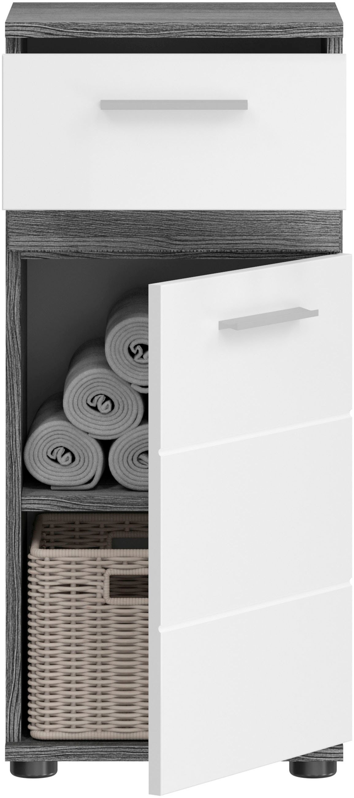welltime Badmöbel-Set »LUCCA, 4-teilig, TOPSELLER!, MDF Hochglanzfront, bestehend aus:«, (Set, 4 St.), Waschbeckenunterschrank, Spiegel, Unterschrank, Hängeschrank