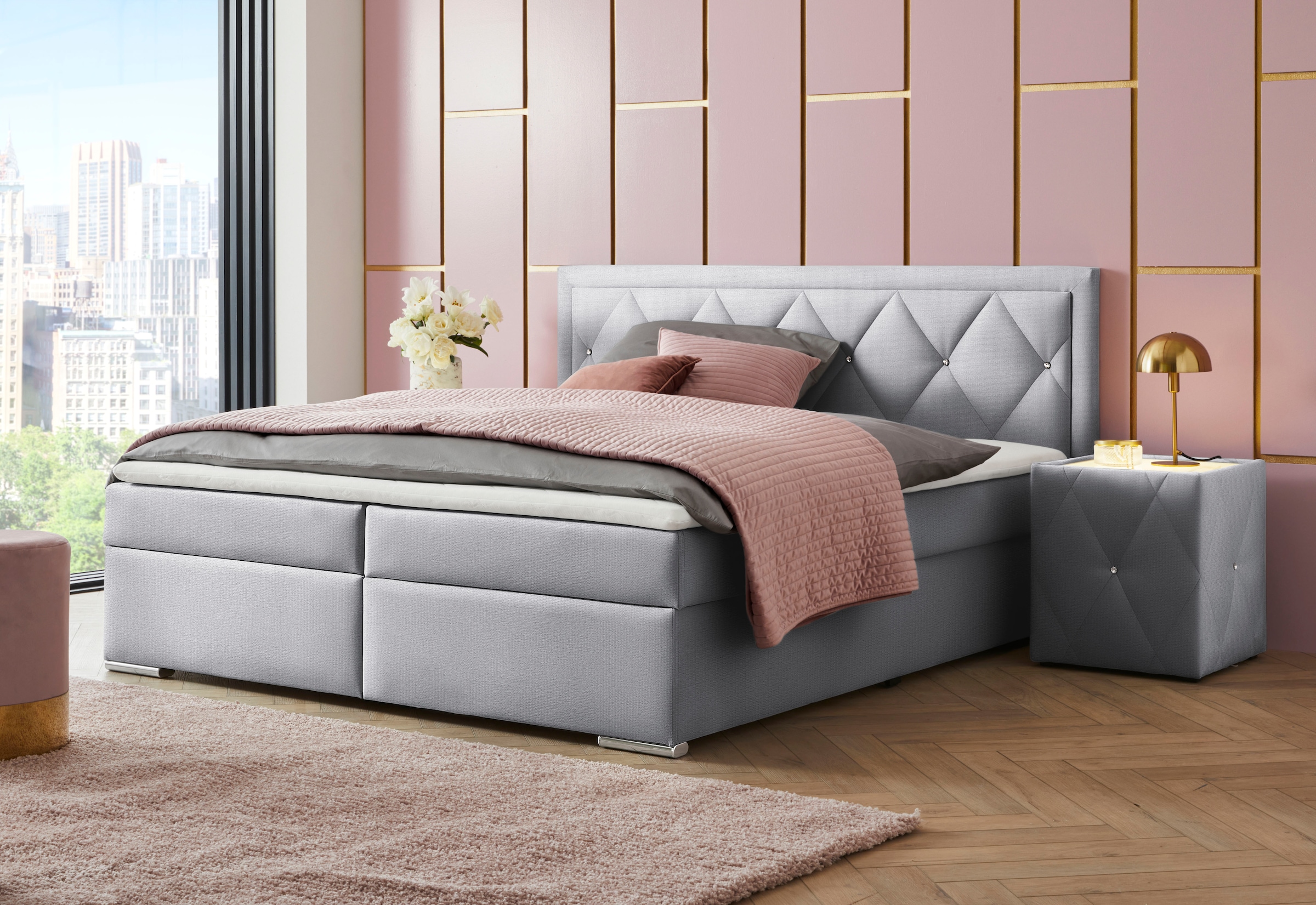Leonique Boxbett »Alfie, Bestseller, wahlweise mit Bettkasten«, mit Strasssteinen im Kopfteil, H2, H3 und H4 wählbar