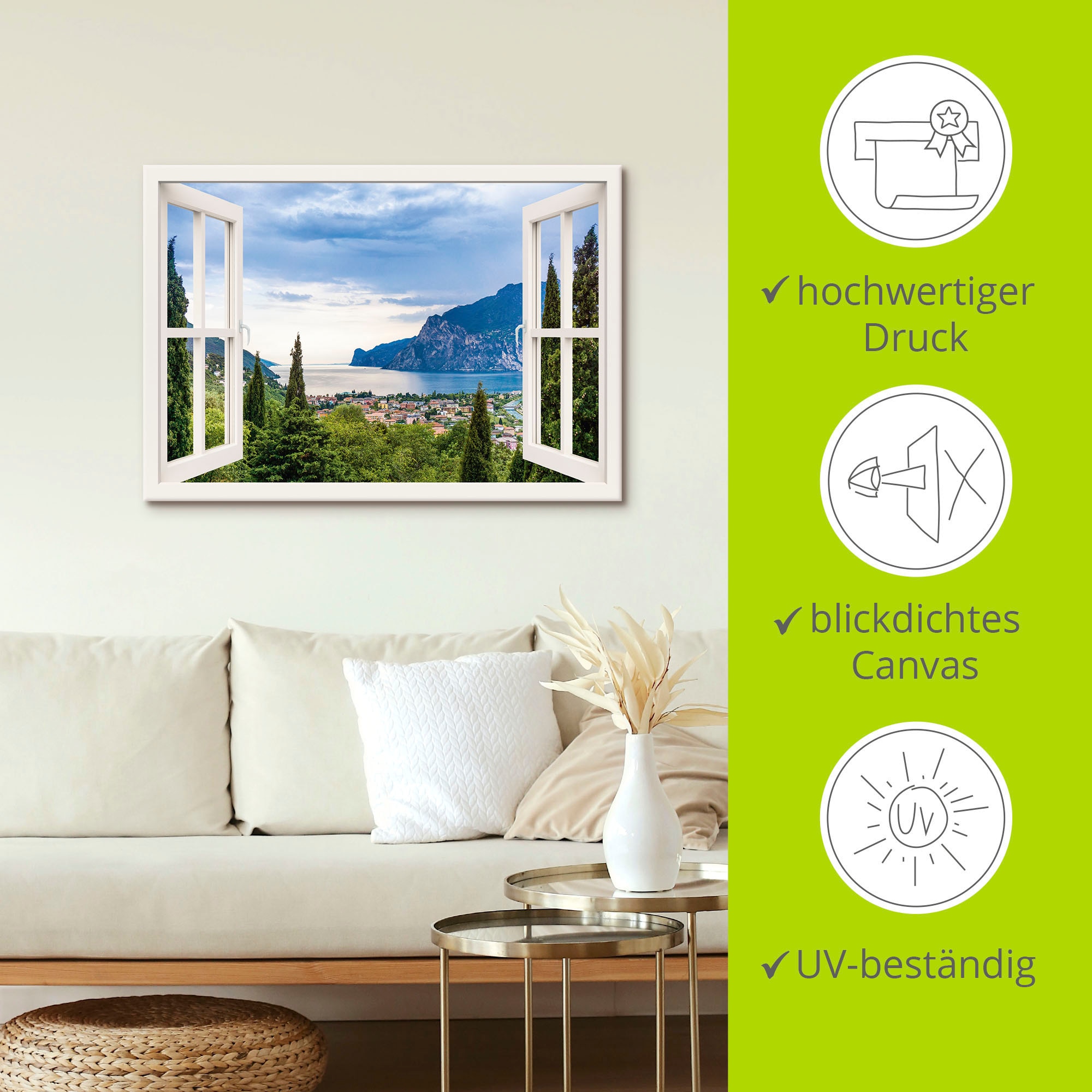 Artland Wandbild »Gardasee durchs weisse Fenster«, Seebilder, (1 St.), als Alubild, Outdoorbild, Leinwandbild, Poster, Wandaufkleber