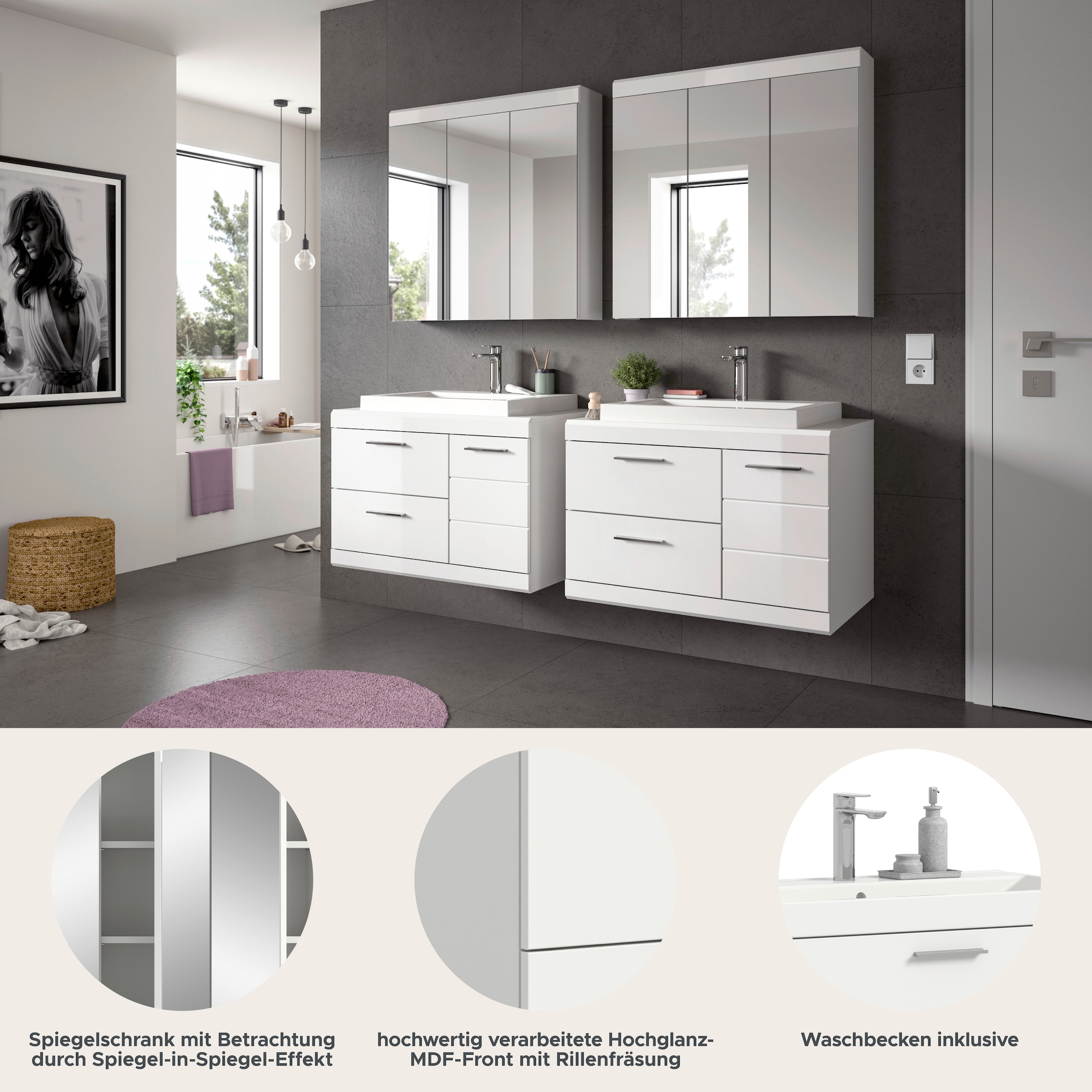 welltime Ensemble de meubles de salle de bain »SIENA, 4-teilig, je 2x Waschtisch inkl. Waschbecken & Spiegelschrank«