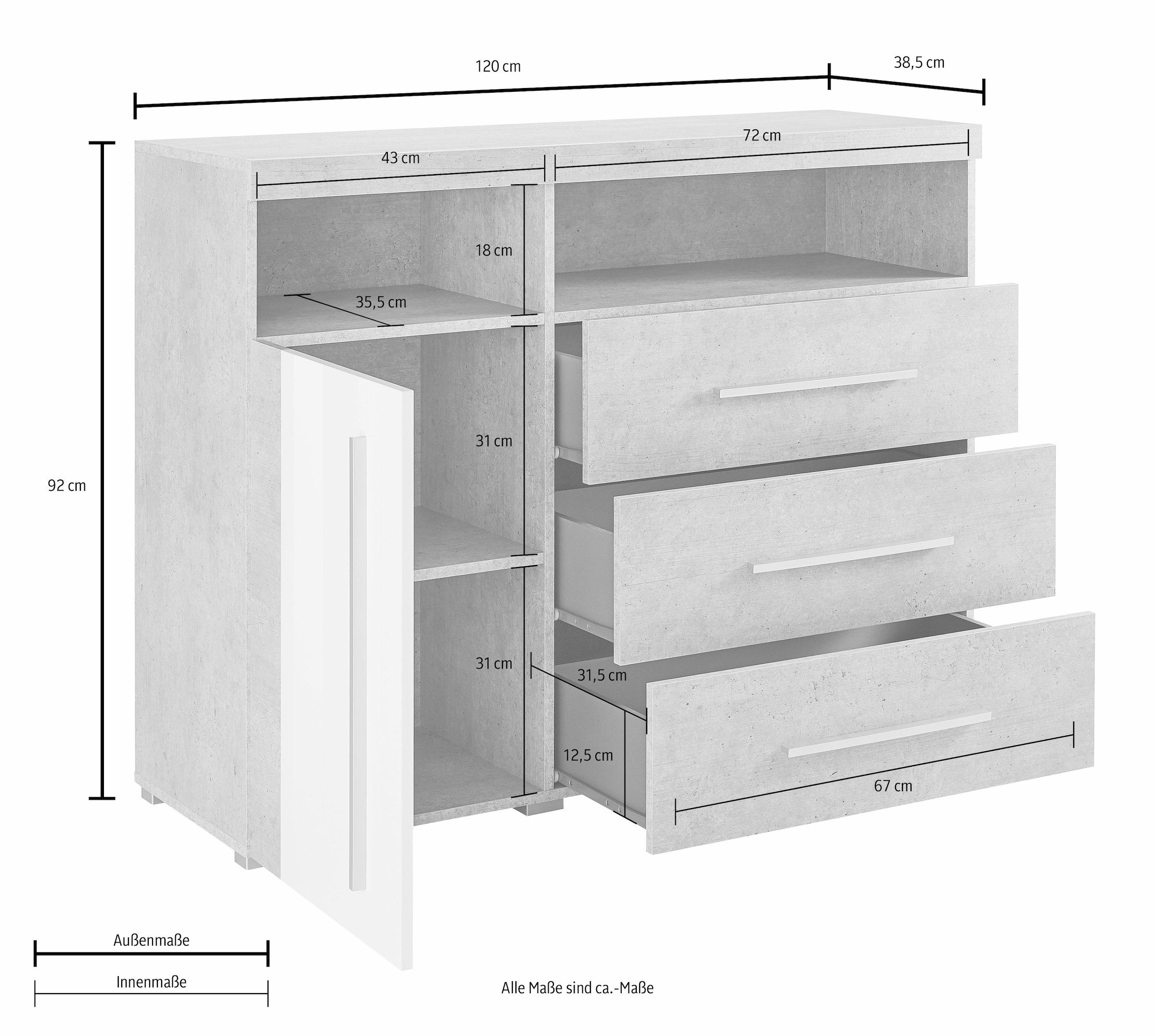 INOSIGN Kommode »Roger,Breite 120cm, moderne Anrichte mit 3 Schubladen«, Kommode mit viel Stauraum, Masse 120x92x38,5 (B/H/T)