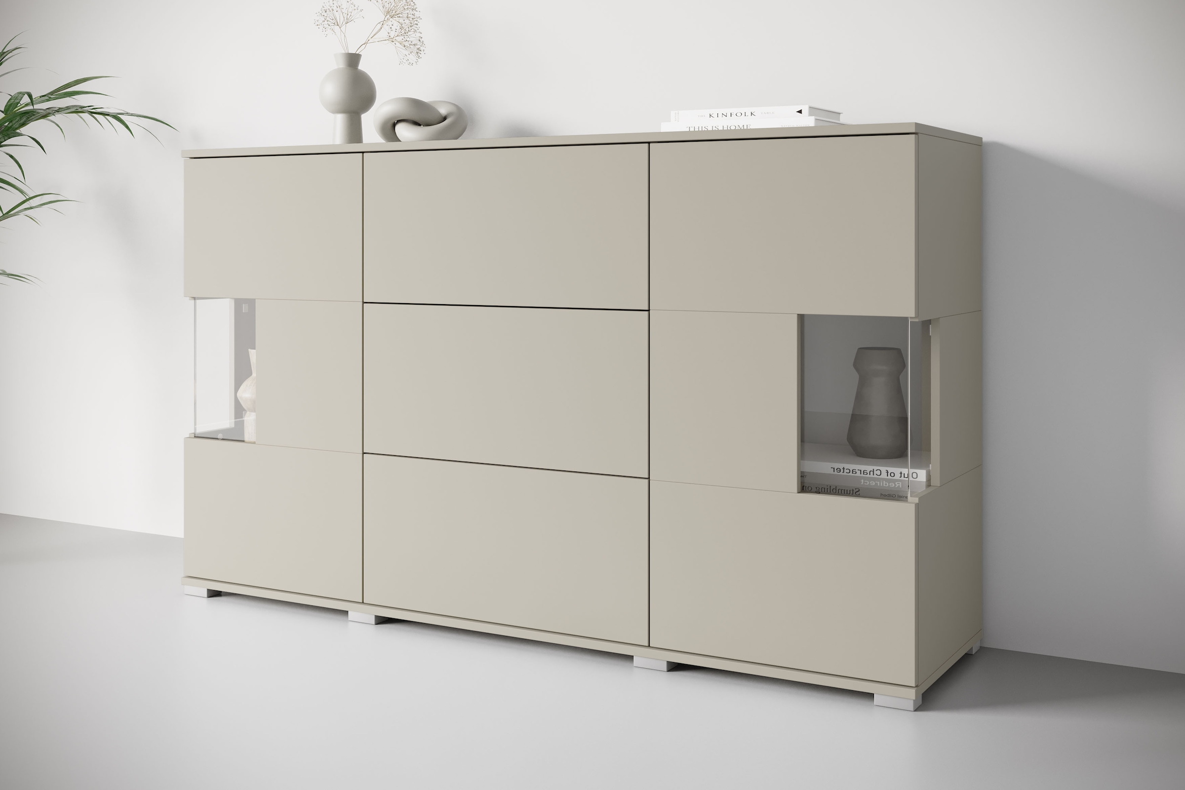 GOODproduct Sideboard »Kenia« 1 Stk. tlg. Sideboard mit 3 Schubladen, 6 Fächern, Glastüren, Breite 150 cm