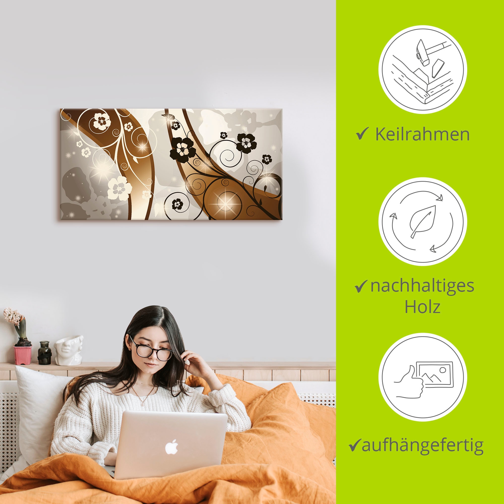 Artland Wandbild »Braune Wirbel mit Blumen«, Muster, (1 St.), als Leinwandbild, Poster in verschied. Grössen