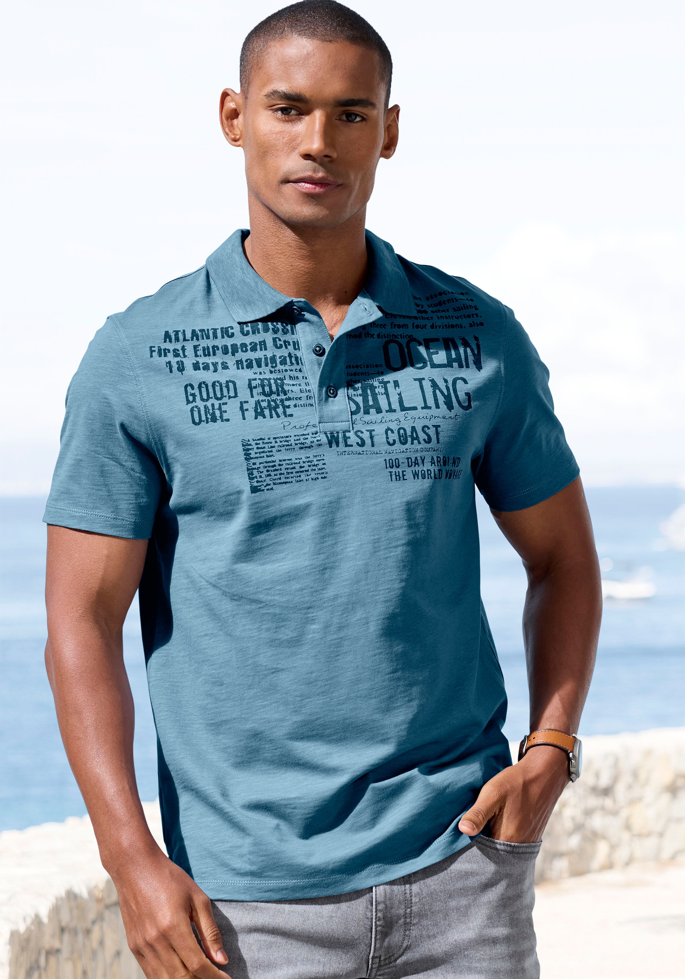 Image of John Devin Poloshirt "mit Print" Regular-Fit, aus Slub-Qualität, mit Print