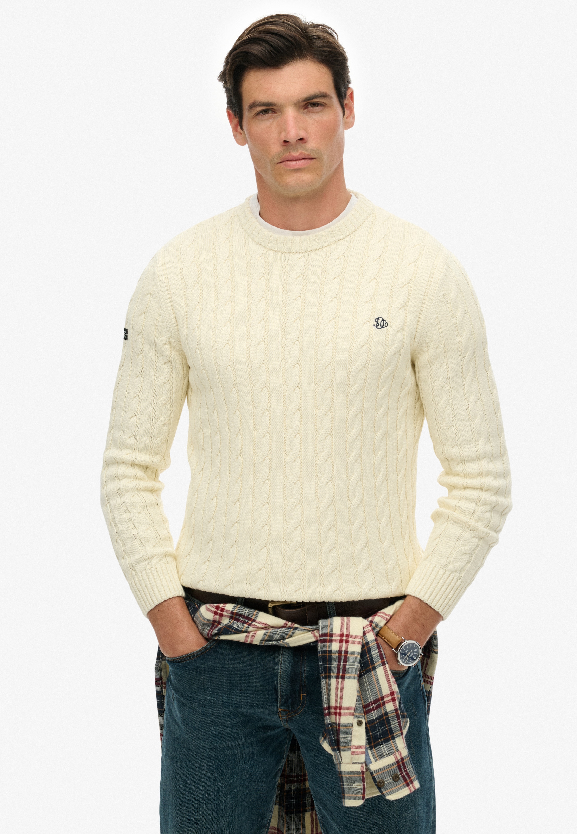 Superdry Rundhalspullover »COTTON CABLE KNIT CREW« Baumwolle, slim fit