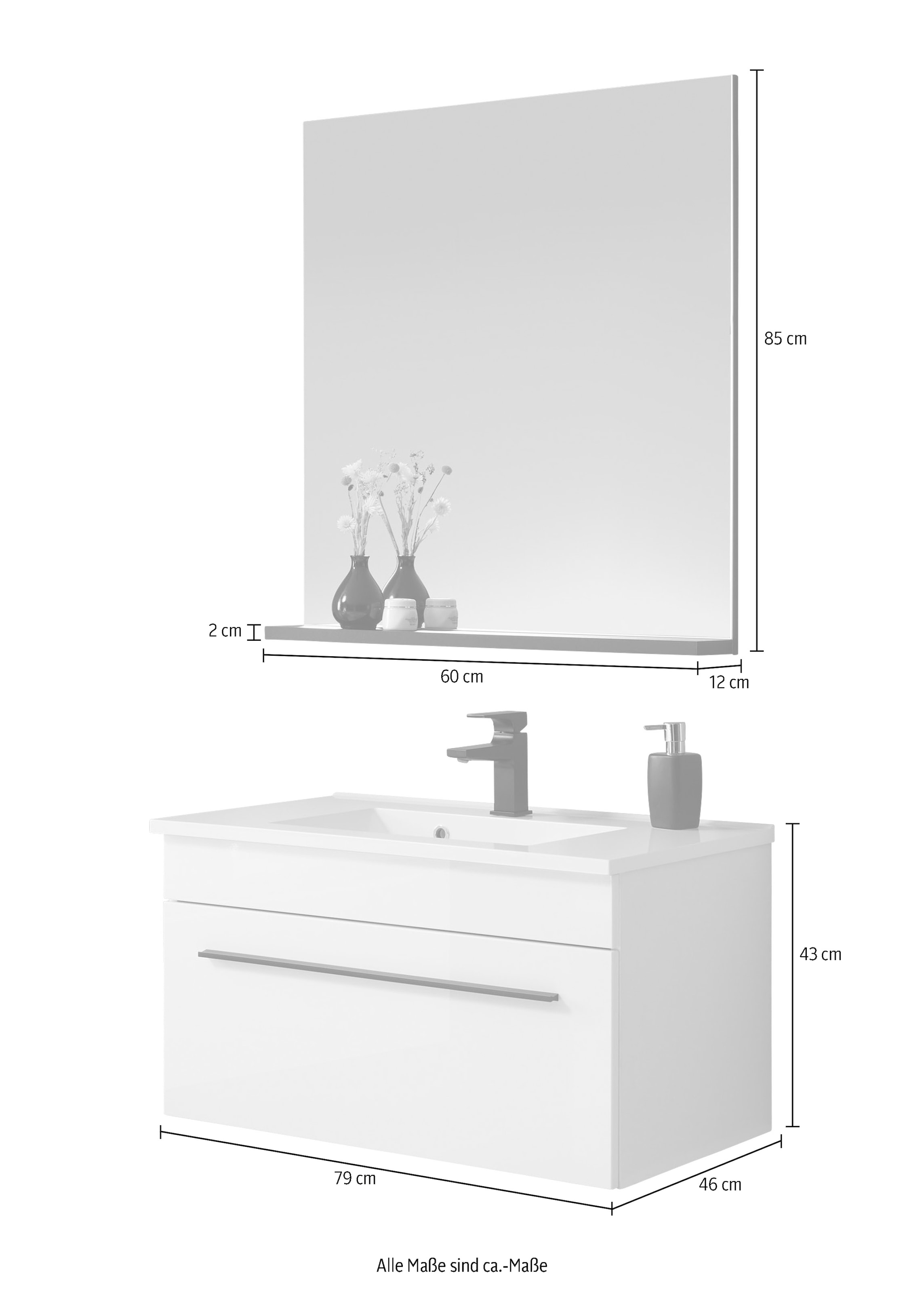 INOSIGN Badmöbel-Set »Cantara, Bad im modernen Design, 2-teiliges Badezimmer«, (Set, 2 St.), Waschtisch und Spiegel, in Weiss Hochglanz, viel Stauraum