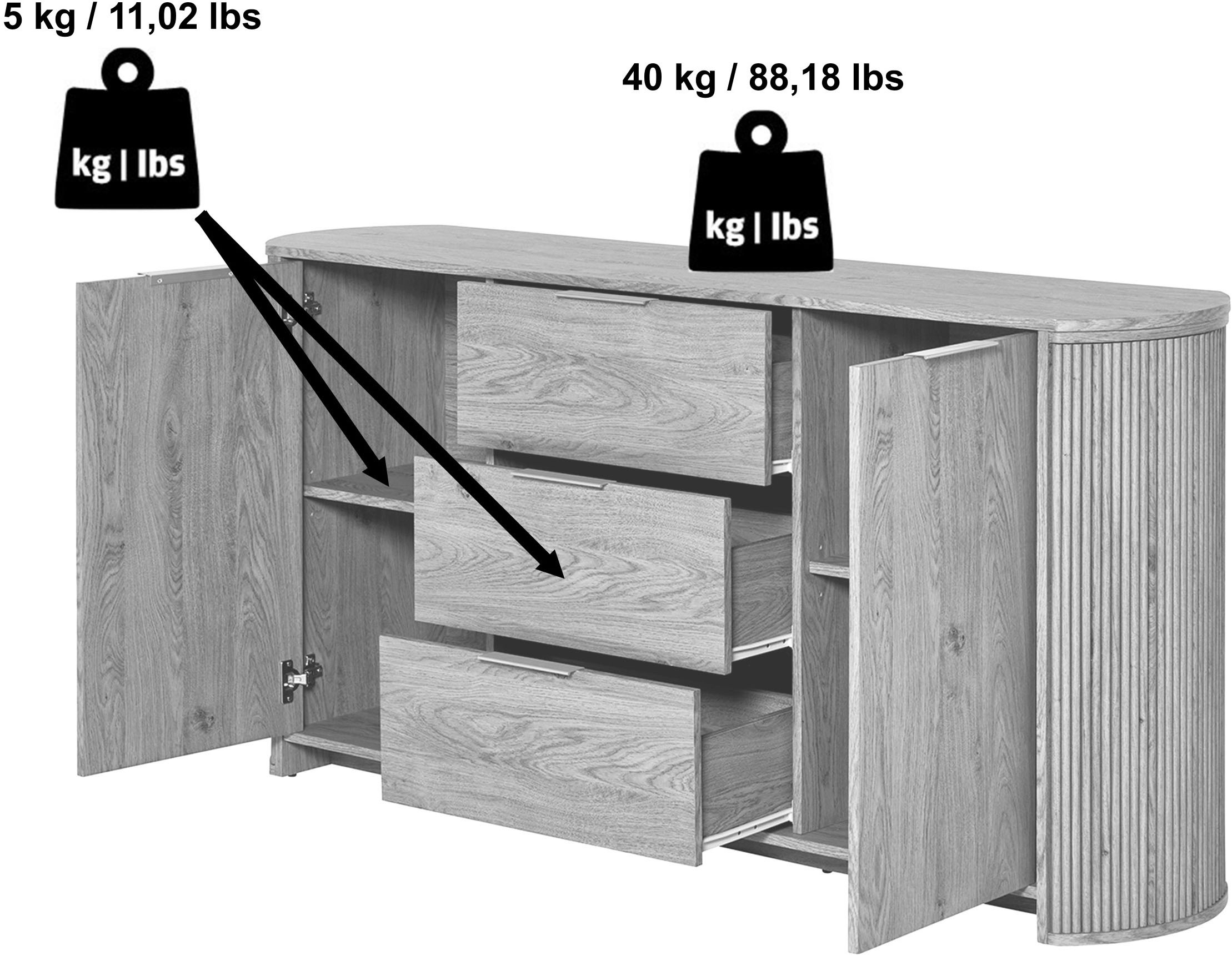 Jahnke Tableau TV »MOON TV 175« 1 cuis tlg. buffet, 2 portes & 3 tiroirs, arrondi, largeur env. 160 cm