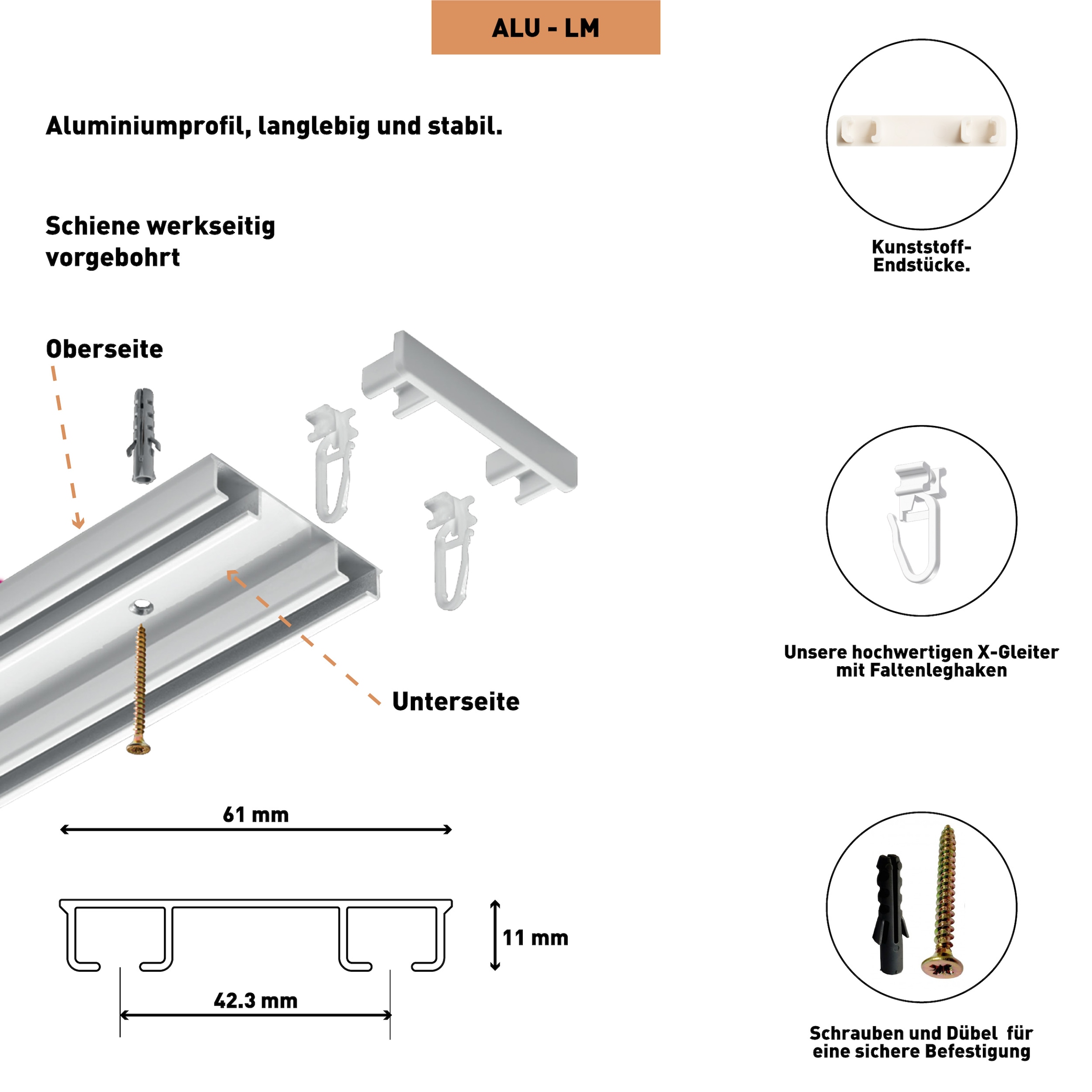 SN DECO GROUP Gardinenschiene »Objektschiene LM«, 2 läufig-läufig, Fixmass, vorgebohrt, Aluminium, Innenlauf, Vorhangschiene