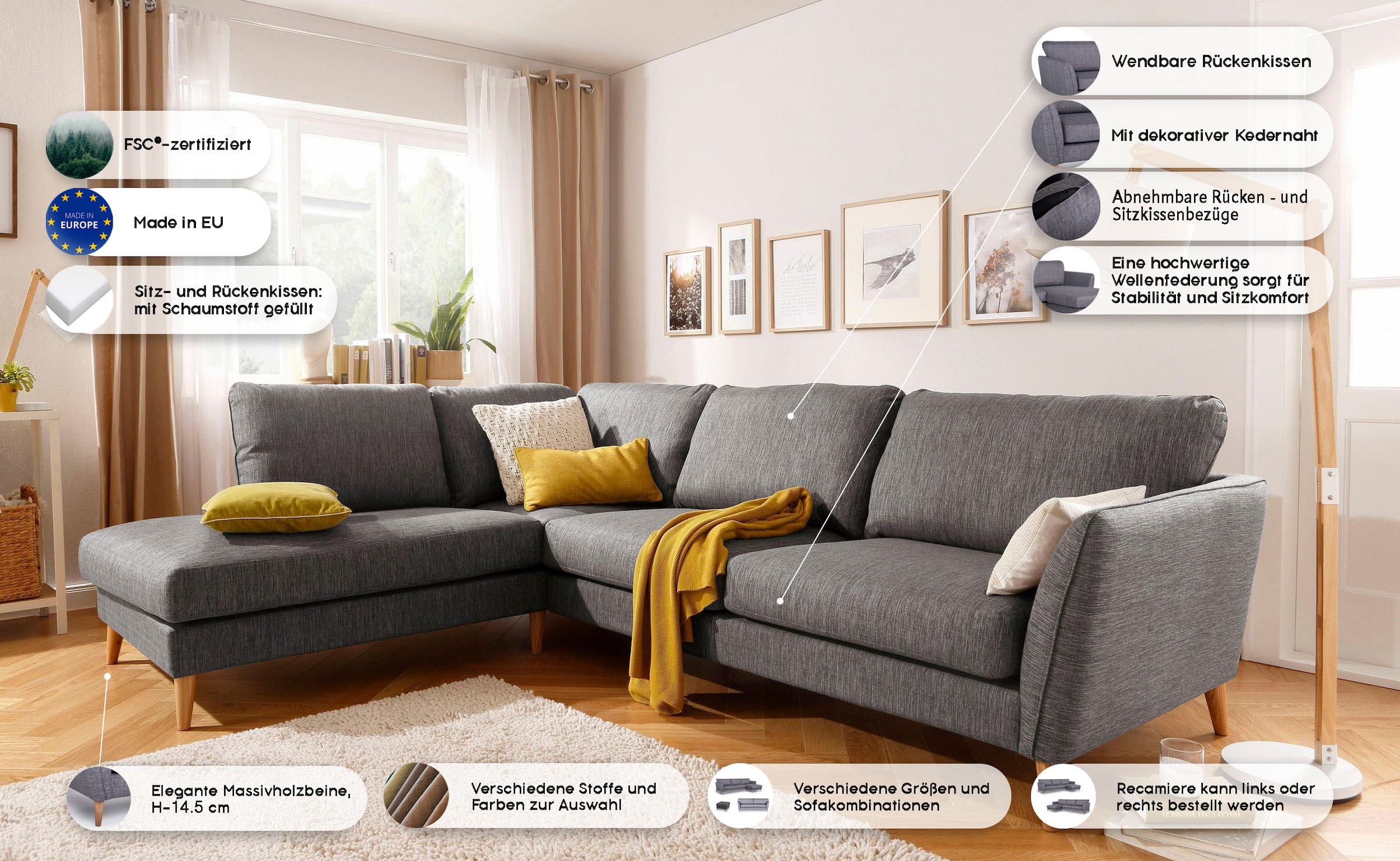 Home affaire Ecksofa »MARSEILLE 278/202 cm, L-Form, Ottom. rechts/links, verschiedene Bezüge« Massivholzbeine Eiche, Landhausstil, Wellenunterfederung