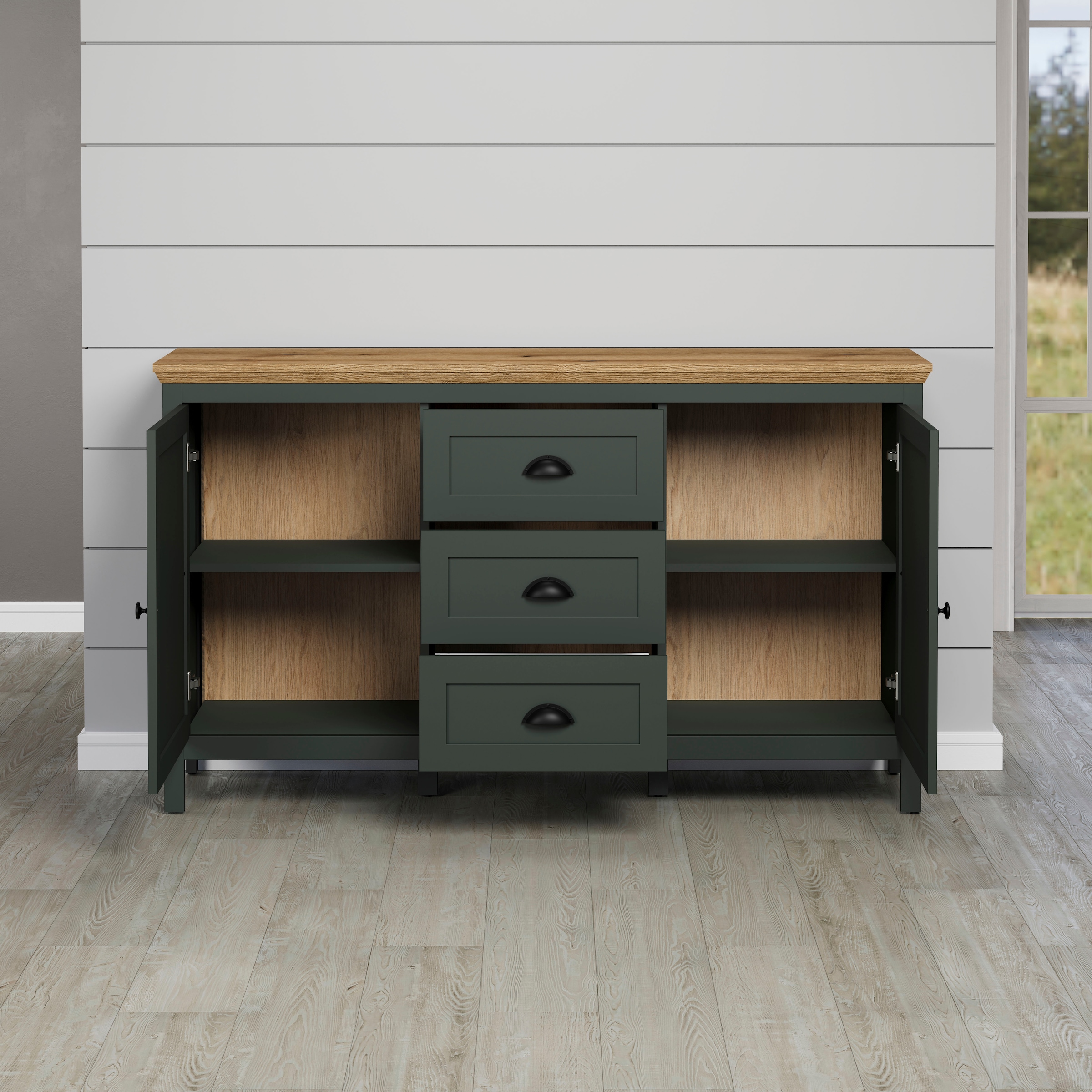 Home affaire Sideboard »Vienna«, (1 St.), Kommode im Landhausstil mit 3 Vollauszug-Schubladen und 4 Fächer