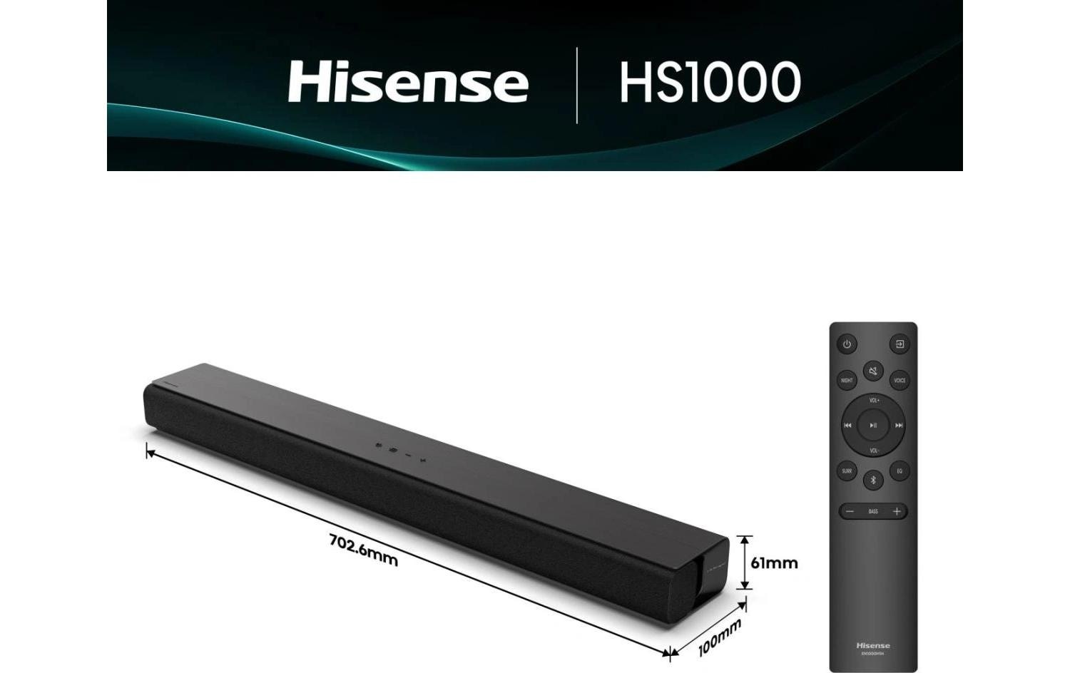 Hisense Soundbar »HS1000« 2.0 (Bluetooth Dolby Digital | EQ Modi | Kabellos | Lautstärkeanpassung | USB-Wiedergabe 120 W)