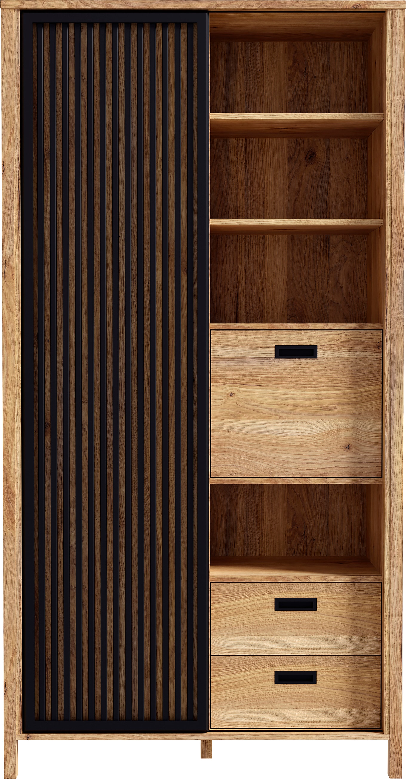 FORTE Buffet haut »Jytana« Hauteur 200,3 cm, porte coulissante aspect lamelles, chêne Mauvella / noir