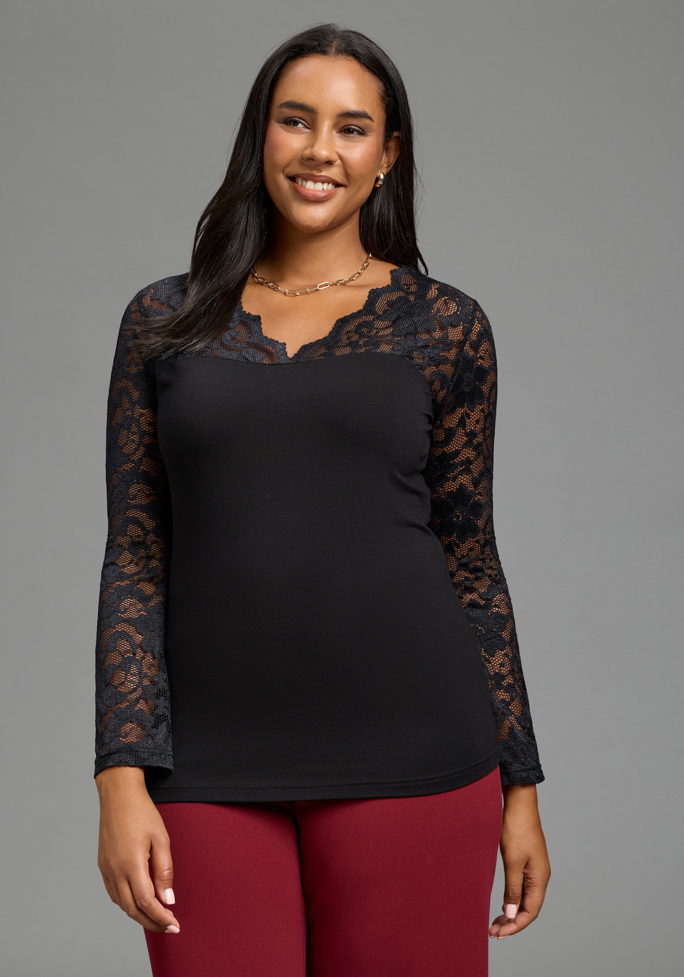 Image of Laura Scott CURVE Spitzenshirt "Grosse Grössen" figurbetonte Passform, V-Ausschnitt, Langarm, hüftlang
