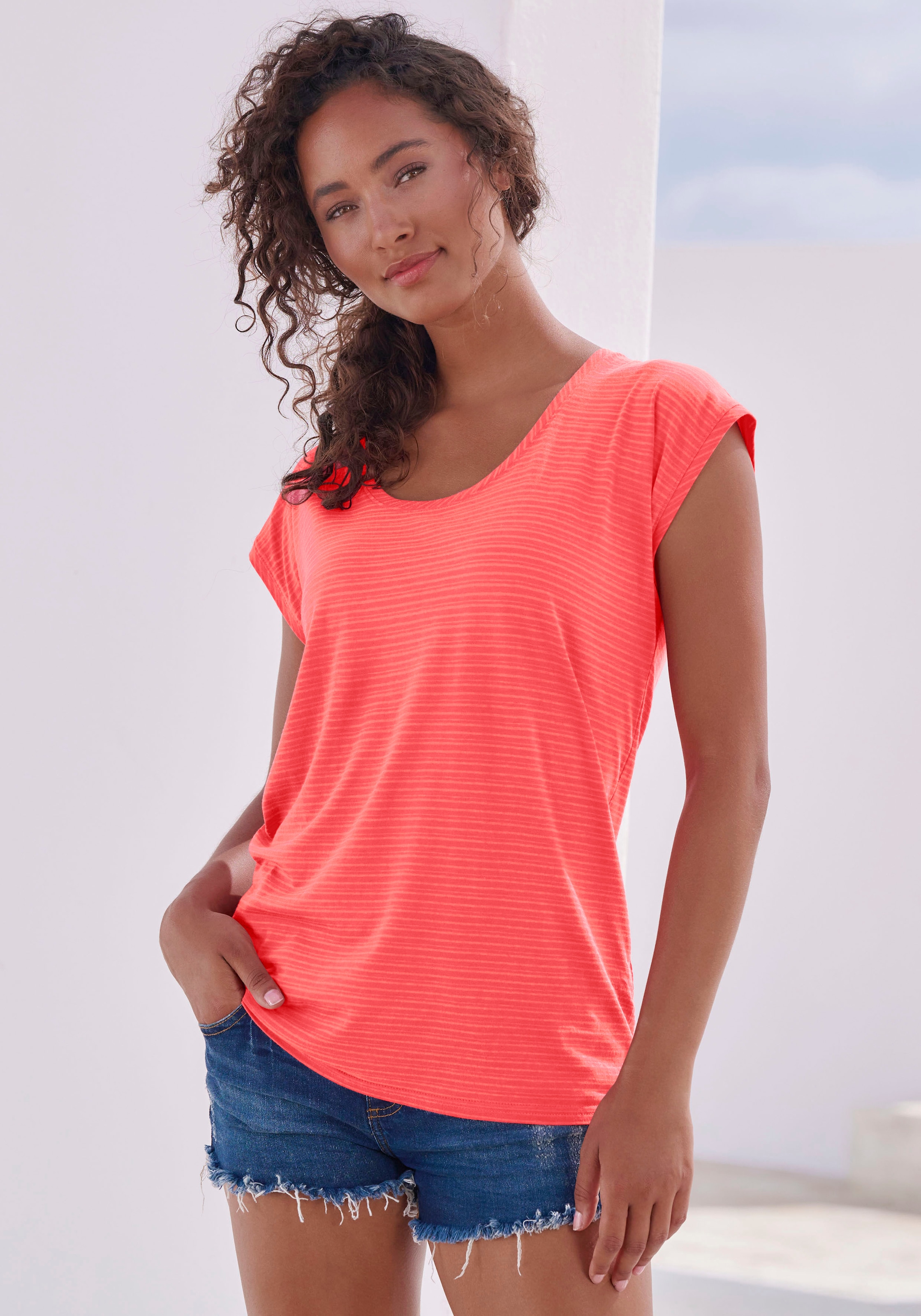 Beachtime Kurzarmshirt »mit leicht transparenten Streifen« 2er-Pack,  aus weicher Baumwoll-Viskose-Qualität