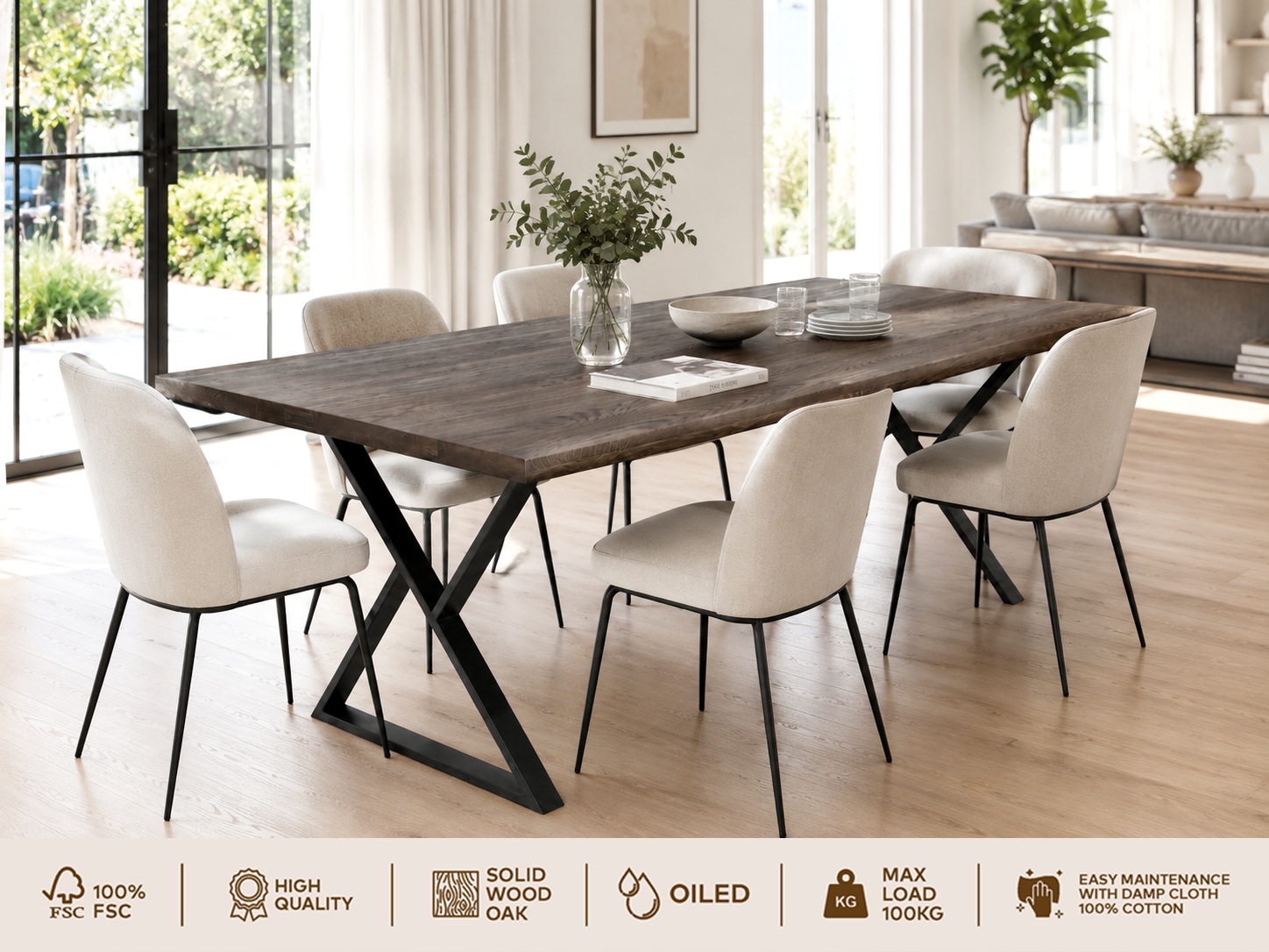 GOODproduct Esstisch »»OSLO« Speisetisch, Küchentisch, Wohntisch, Esszimmertisch« Wildeiche geölt Natur/Smoke, Gerade Kante, schwarzes Metallgestell