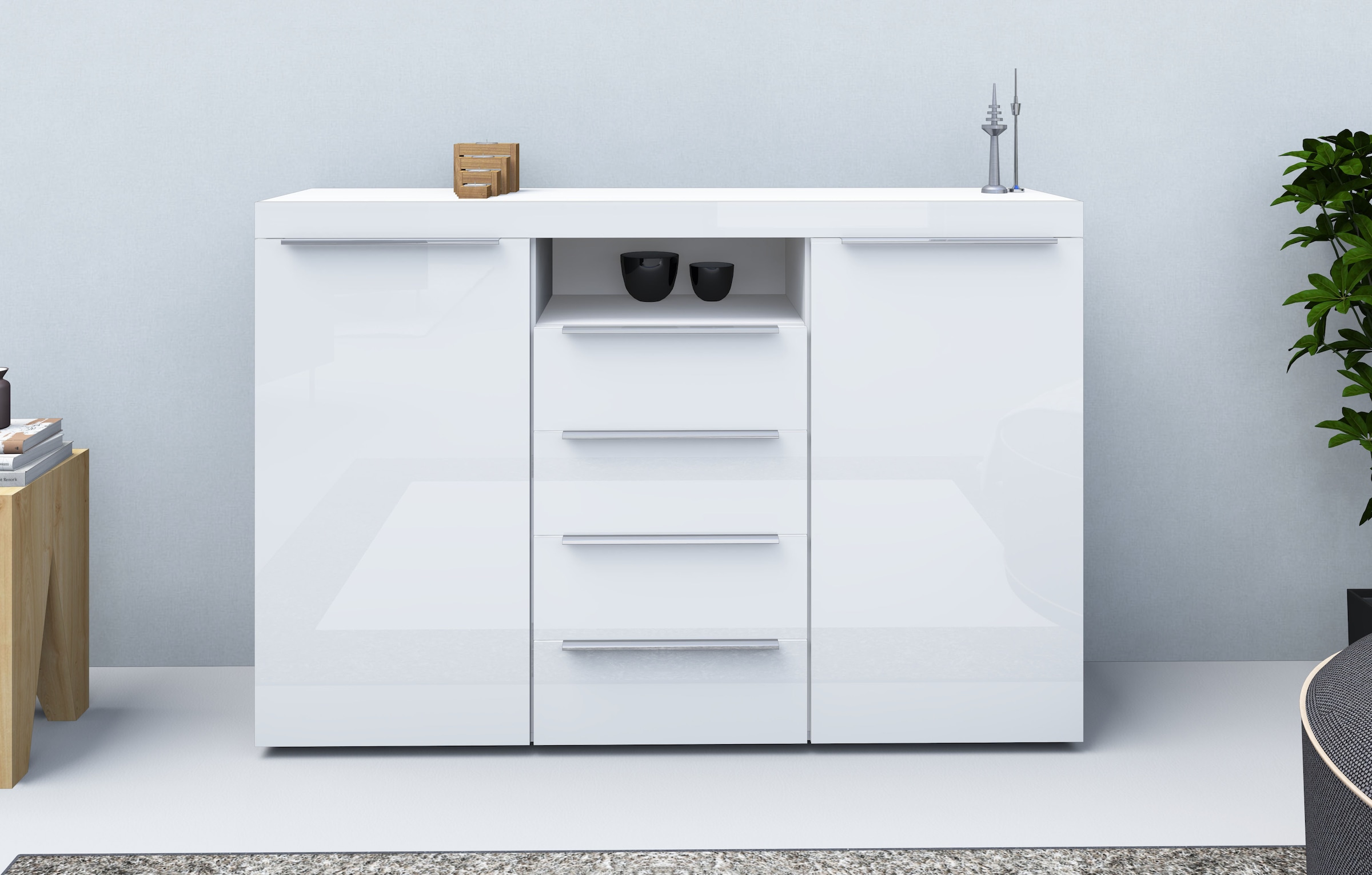 Image of borchardt Möbel Highboard "Durban, Breite 139cm, Kommode mit glänzenden Metallgriffen" viel Stauraum, Türen und Schubladen, Einlegeböden verstellbar