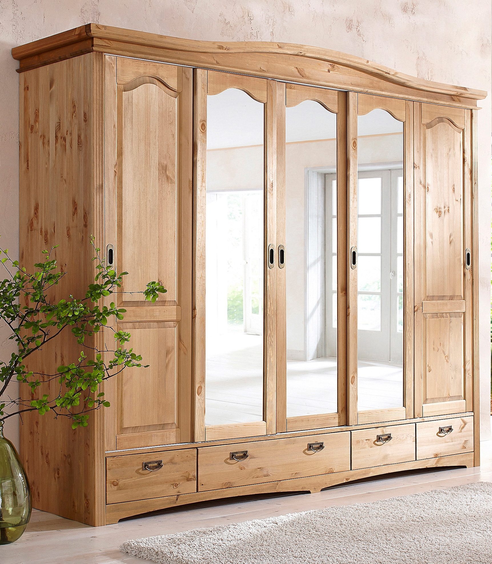 Image of GOODproduct Schiebetürenschrank "Konrad, Landhausstil, rustikal, mit Schubladen + Spiegel, Kassetten" 3 Breiten: 153/202/249 cm H/T ca.207/64 cm, massive Kiefer, FSC-zertifiziert, Messinggriffe, mehrere Varianten