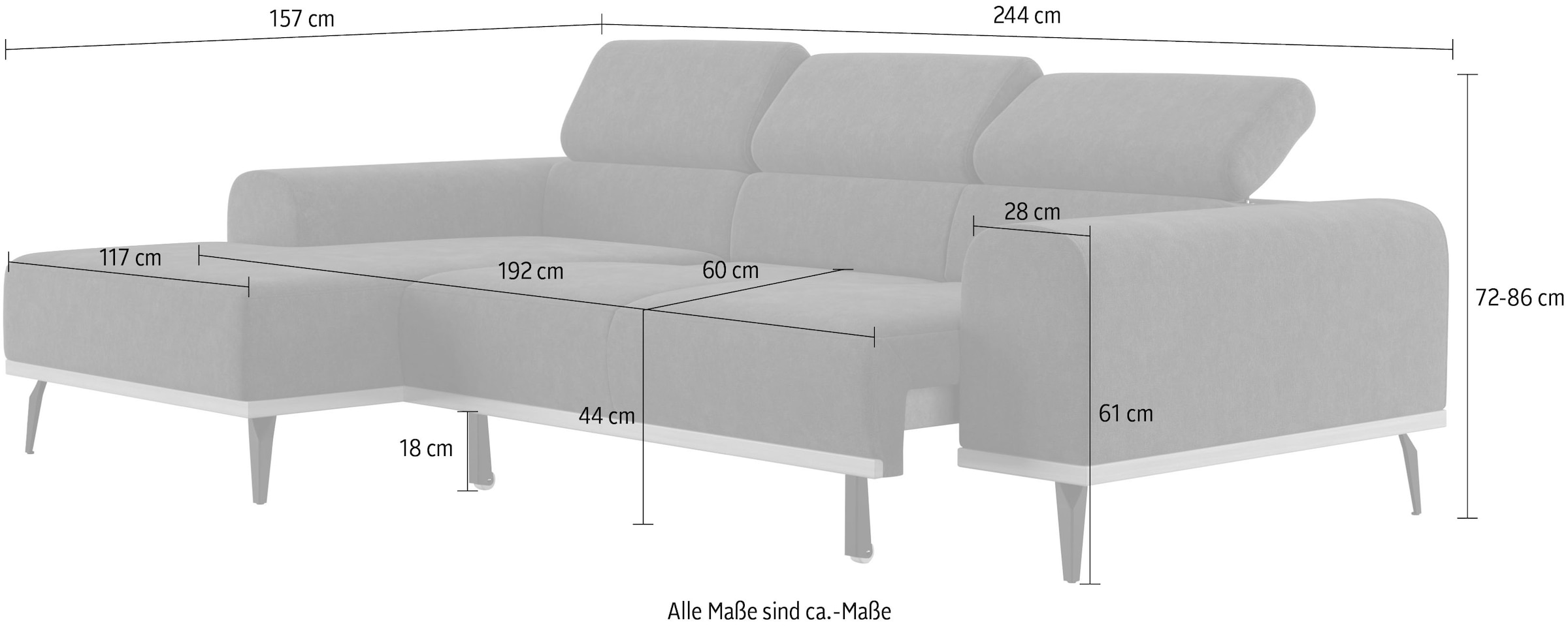 Places of Style Ecksofa »Carlo L-Form«, mit Kopfteilverstellung & Holz-Rahmenoptik, wahlweise Relaxfunktion
