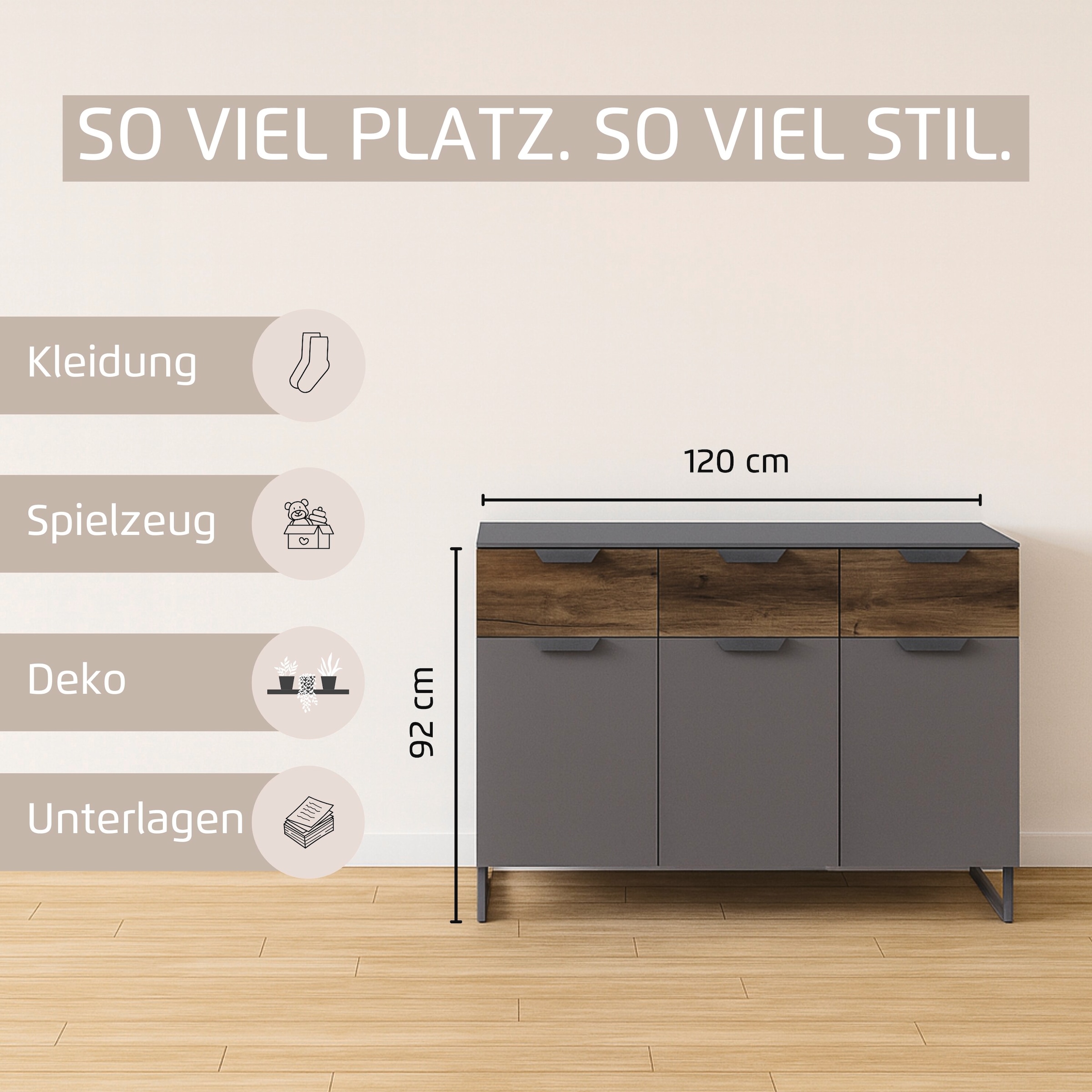 rauch Commode combinée »Barea« Largeur 120 cm, hauteur 92 cm,  3 portes, 3 tiroirs spacieux, étagères réglables MADE IN GERMANY
