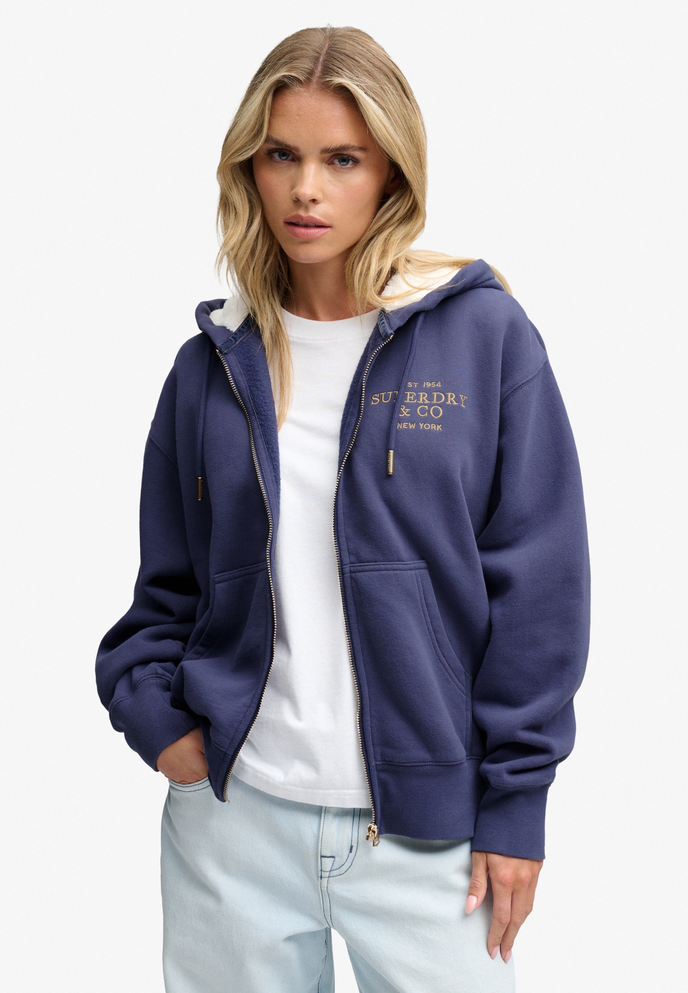 Image of Superdry Kapuzensweatjacke "LUXE FUR LINED ZIPHOOD" Baumwollmischung, relaxed fit
