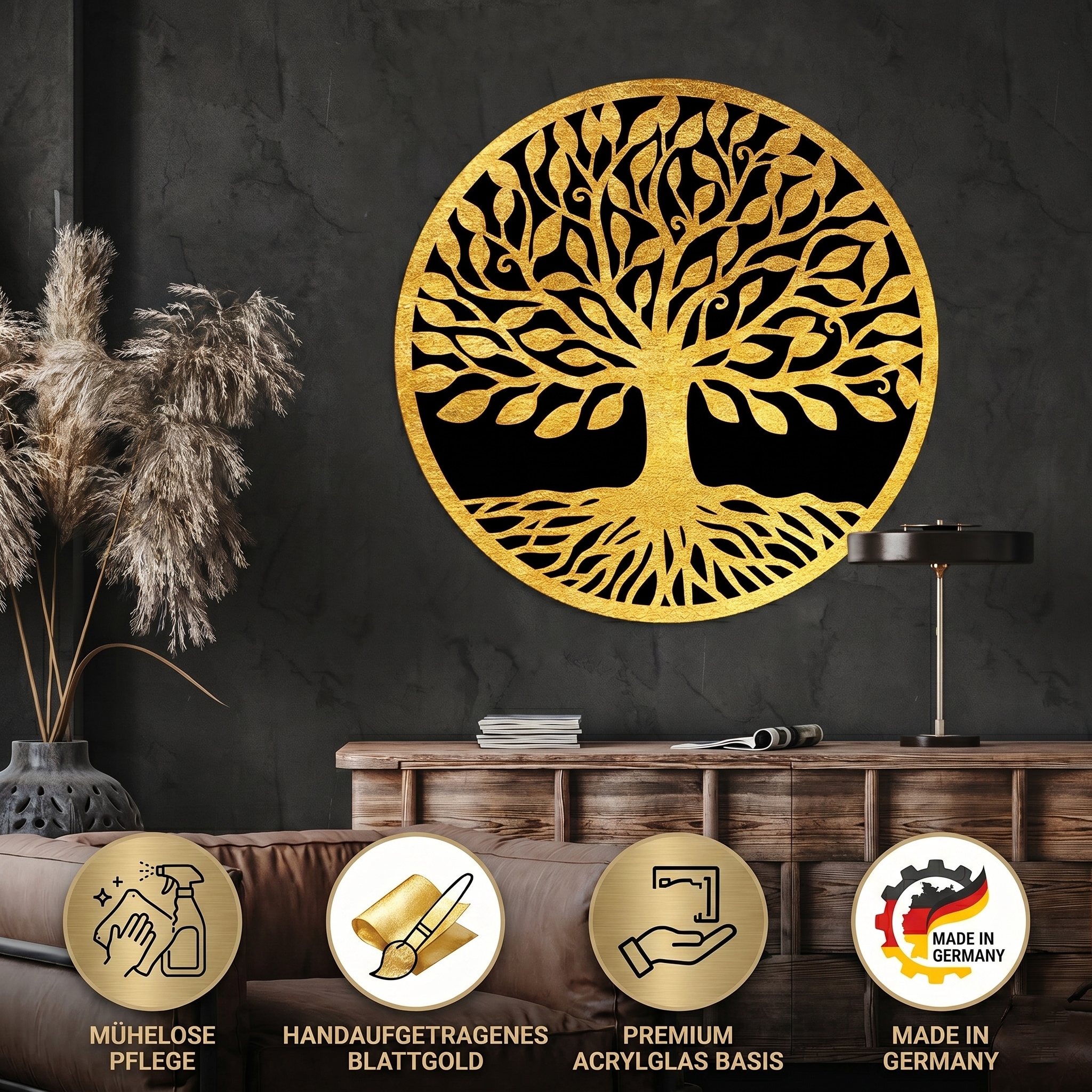 GOODproduct Fresque murale »Goldbild Lebensbaum 3er Set, 100x70cm inkl. rückseitiger Aufhängung« Arbre | Forêt | Images d'arbres 1 cuis tlg. Tableaux arbre de vie avec applications en feuille d'or travaillées à la main