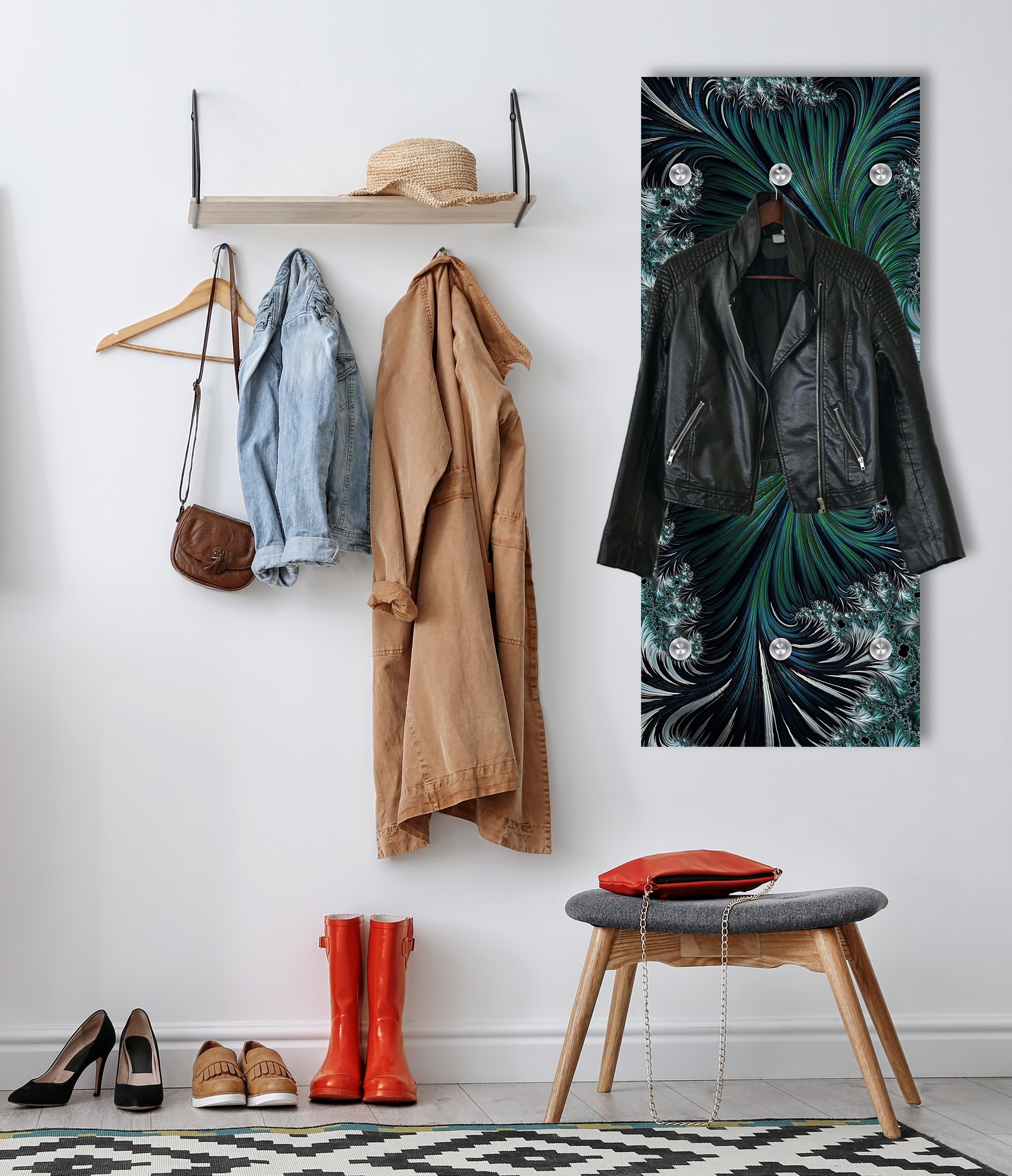 queence Panneau de vestiaire »Wandgarderobe  mit Motiv Abstrakt Palmen Wald inkl. Edelstahlhaken« 1 cuis tlg. impression HD Premium sur verre acrylique