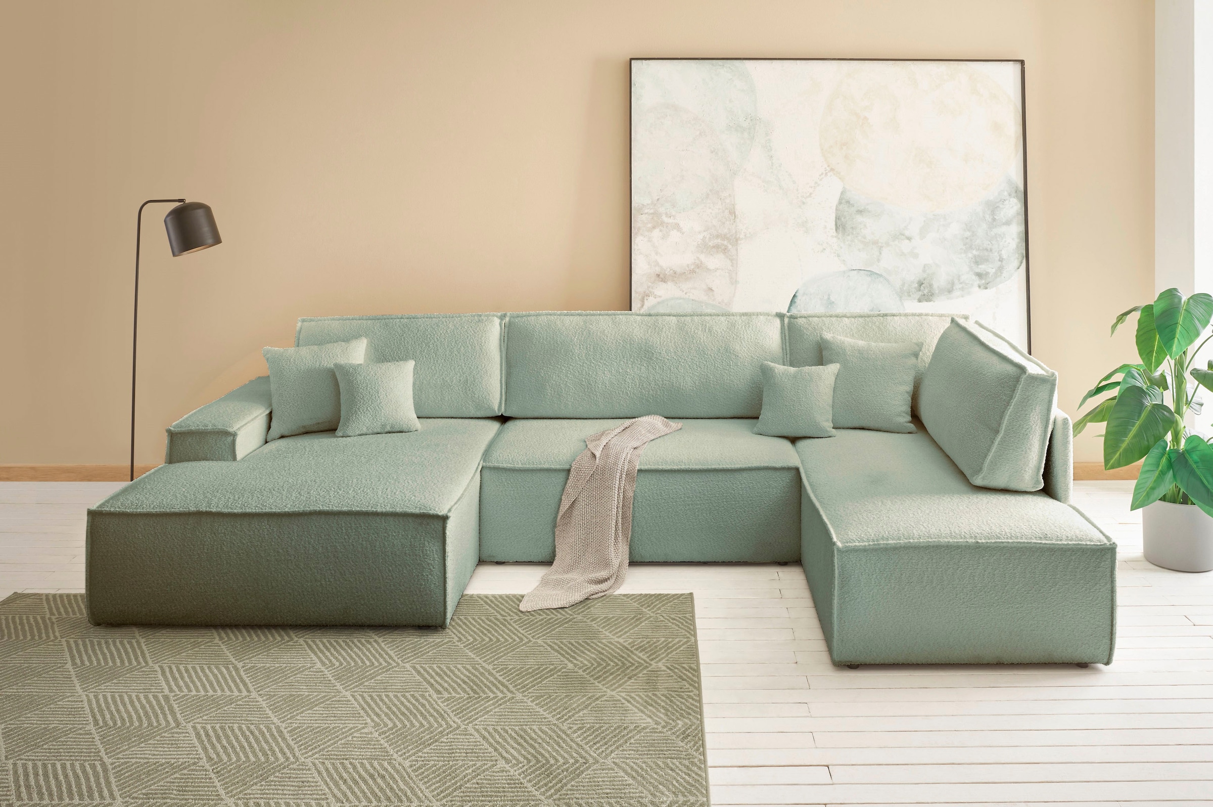 andas Wohnlandschaft »FINNLEY U-Form XXL 329 cm, Schlafsofa, Schlaffunktion m. Bettkasten«, (194/139 cm), Bouclé, Struktur und Cord