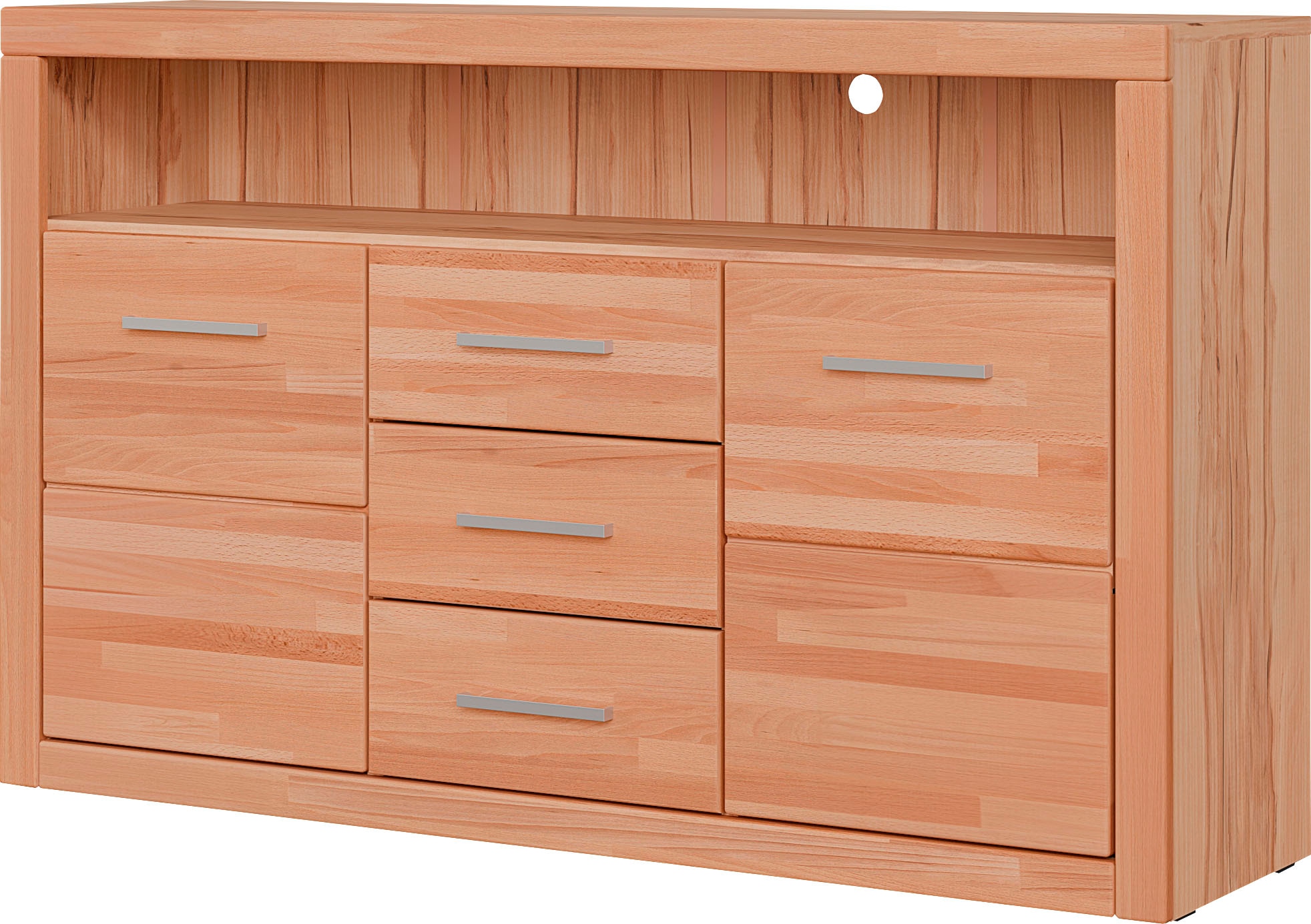 GOODproduct Sideboard »Ribe,130cm breit,80cm hoch,Oberplatte Holz massiv,6 Fächer« Holz massiv, Holzwerkstoff, Metall Griffe,2 Türen,3 Schubladen