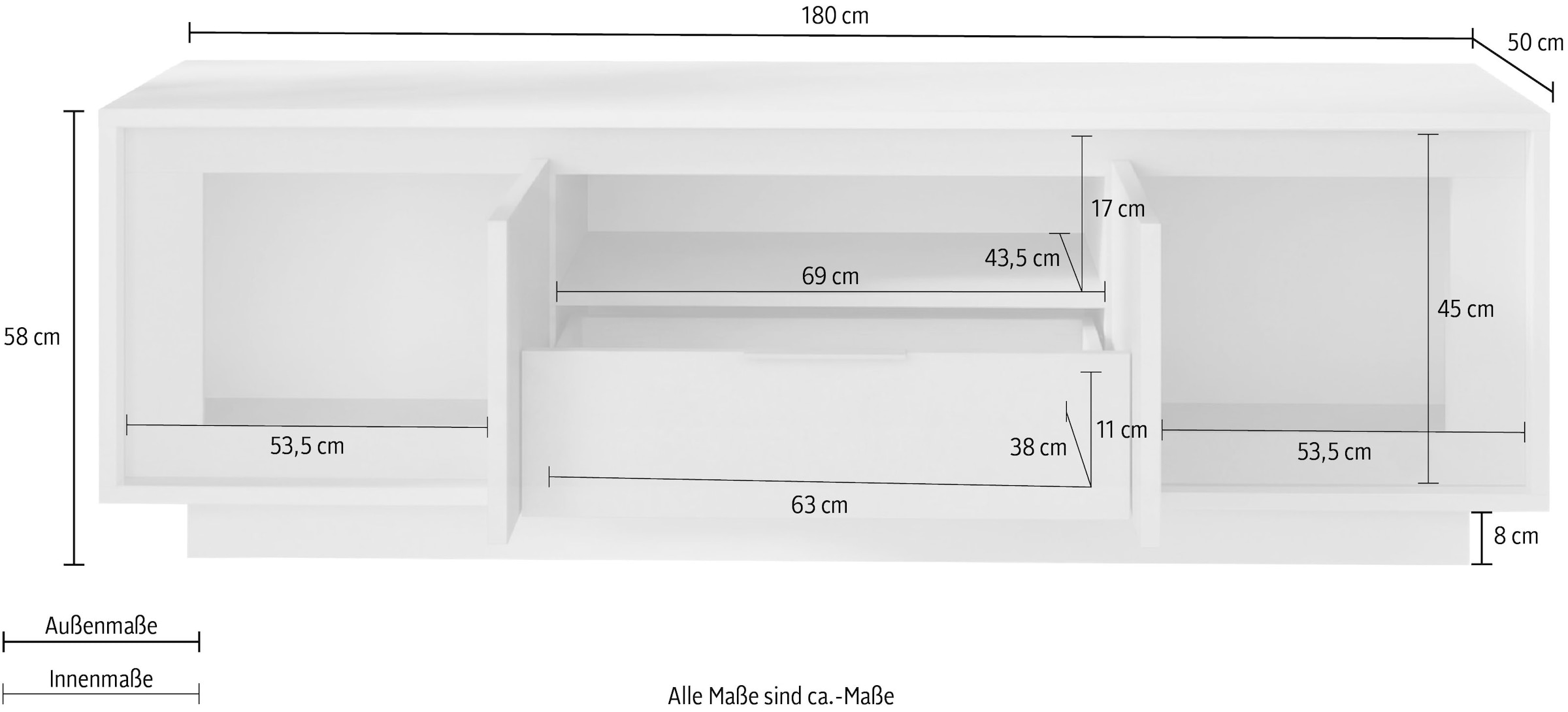 Home affaire Table basse »Sky, B/T 180/50 cm, TV-Schrank/Medienboard, 2 Türen, 1 Schubkasten« fermeture douce, corps et façade épais de 22 mm, aspect cadre, poignée métal