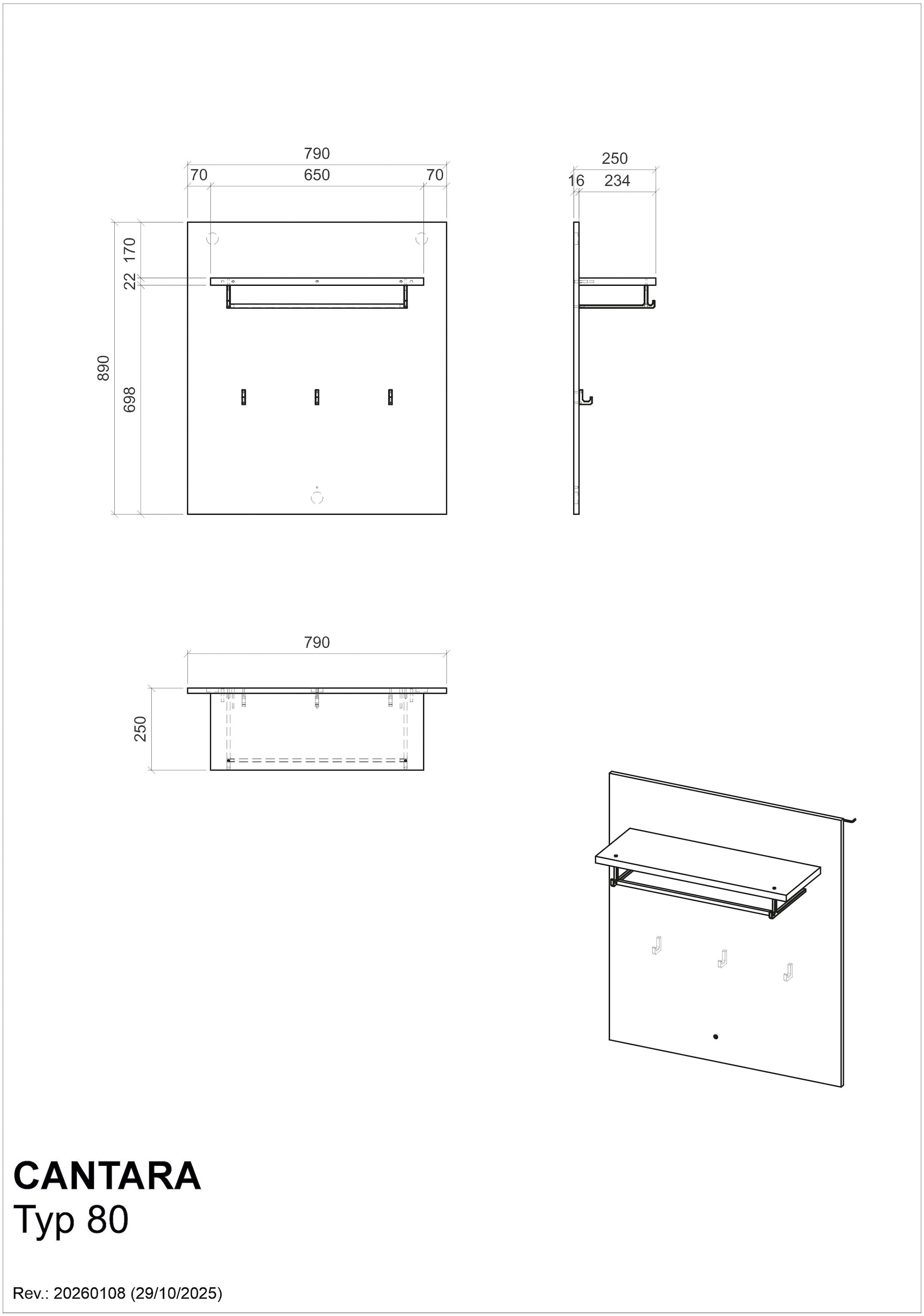 Home affaire Garderobenpaneel »Cantara, Wandregal, Flurgarderobe mit Hutablage, Kleiderstange & Haken« vielseitig einsetzbar, in zwei Farben verfügbar, 79 cm breit