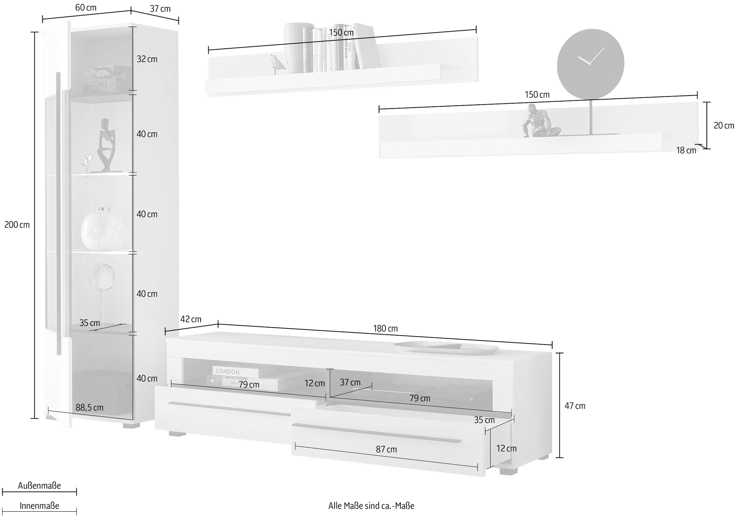 INOSIGN Wohnwand »Cantara, moderne Anbauwand, Wohnzimmer-Set, in Eiche Evoke oder Weiss«, (Set), enthält eine Vitrine, ein Lowboard und zwei Wandboards