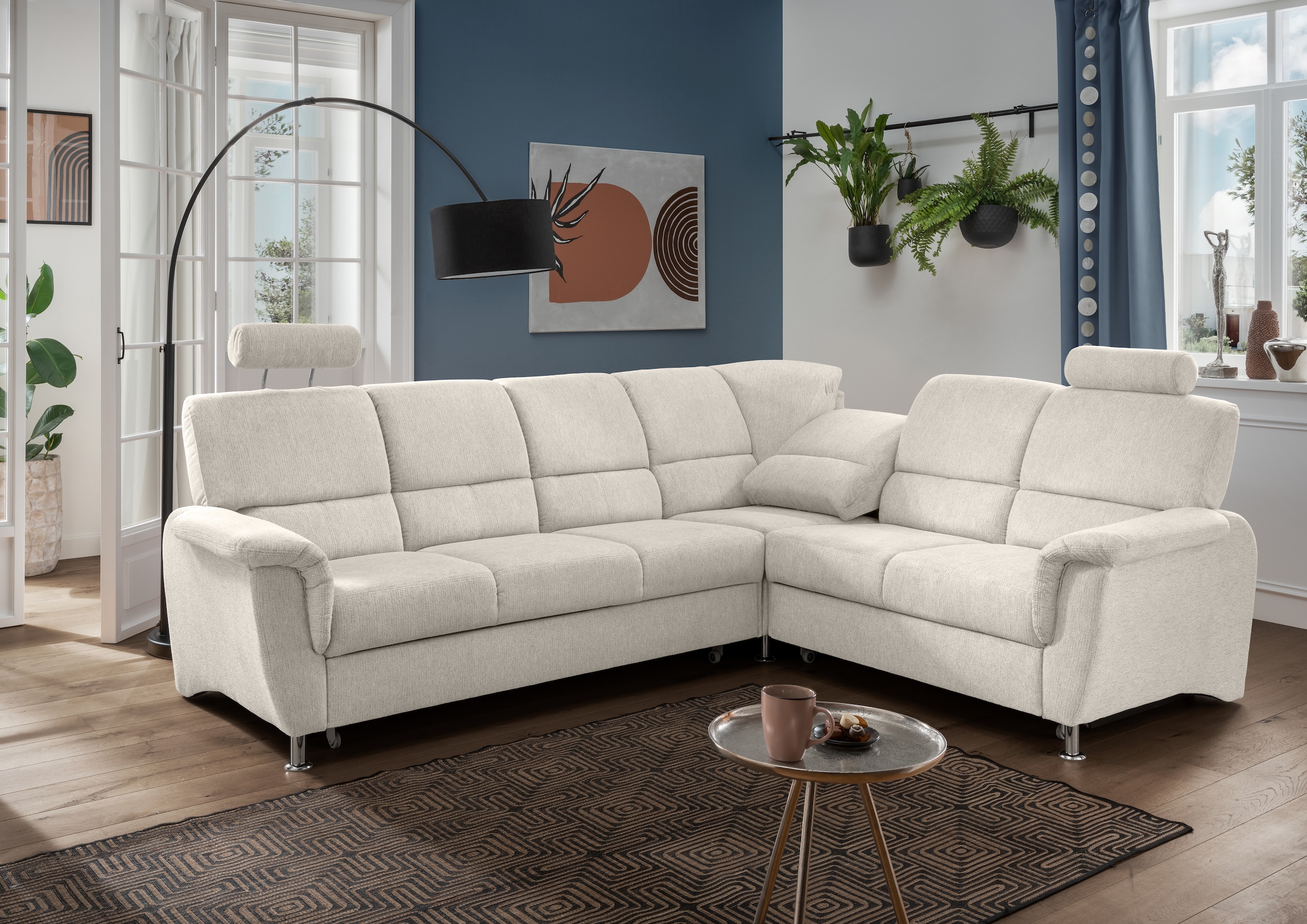 Home affaire Ecksofa »Pisa L-Form, mit Schlaffunktion, Stauraum, 2x höhenverstellbare«, Kopfstützen und Relaxfunktion im Eckelement
