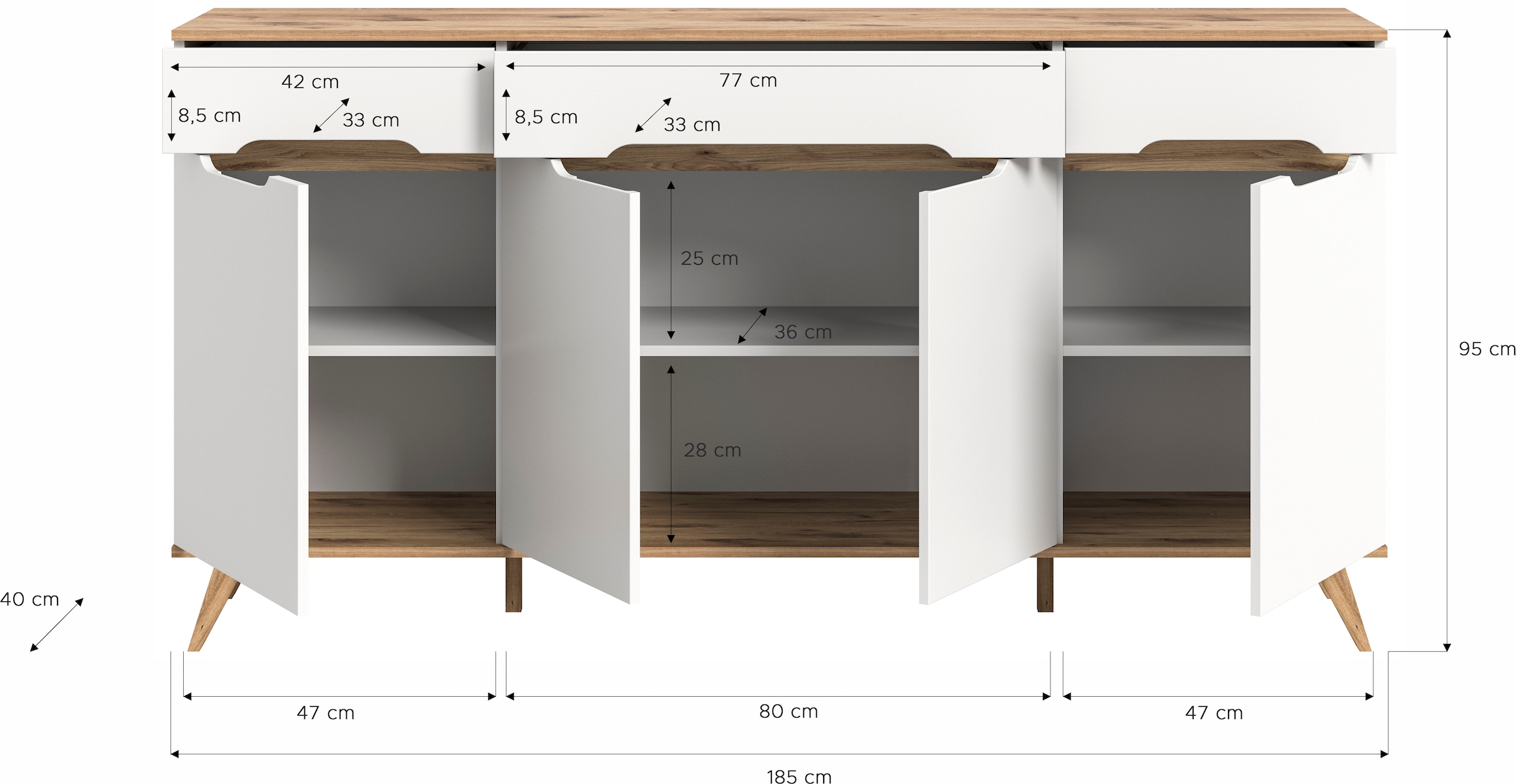 Home affaire Sideboard »Alesund, Breite 185 cm, 4 Türen, 1 Schubkasten, konischer Fuss«, Scandi-Look, Anrichte, Schrank, Kommode, Wohnmöbel, Wohnzimmer