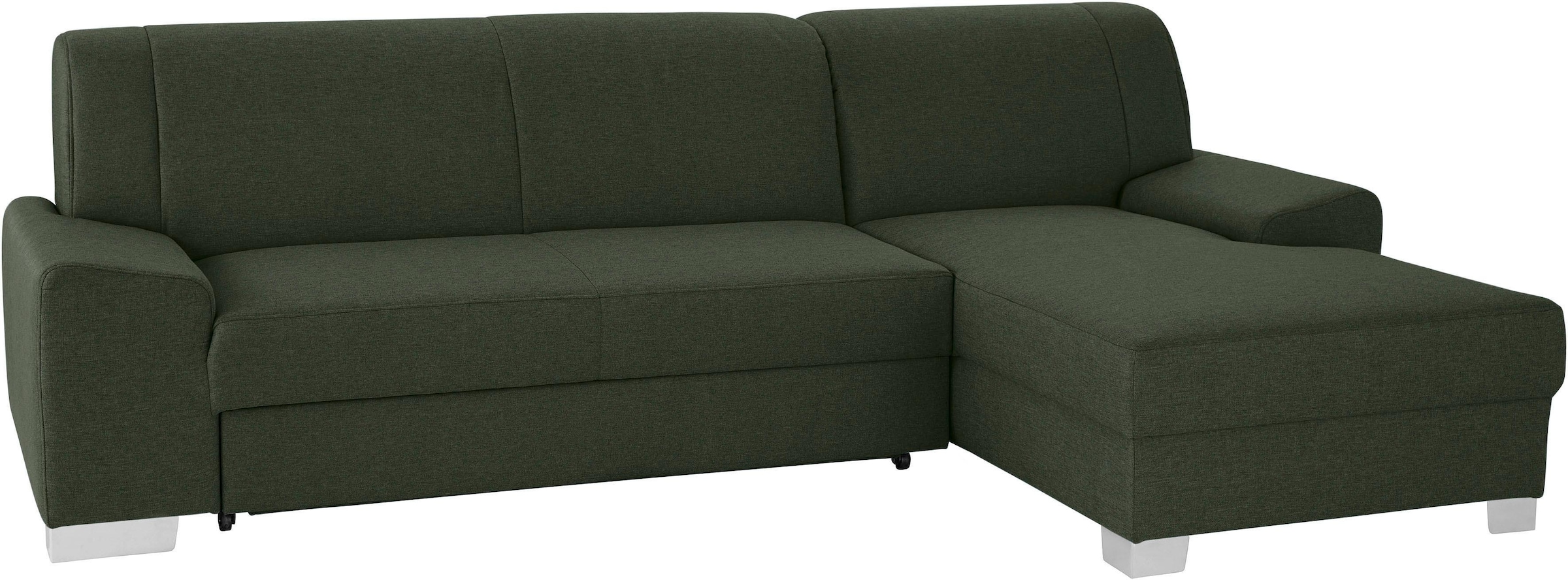 DOMO collection Ecksofa »Anzio L-Form, whlw. Bettfunktion, Federkern, hochwertig, Breite 271 cm«, Ohne Bettfunktion, Recamiere rechts, Struktur fein, dunkelgrün