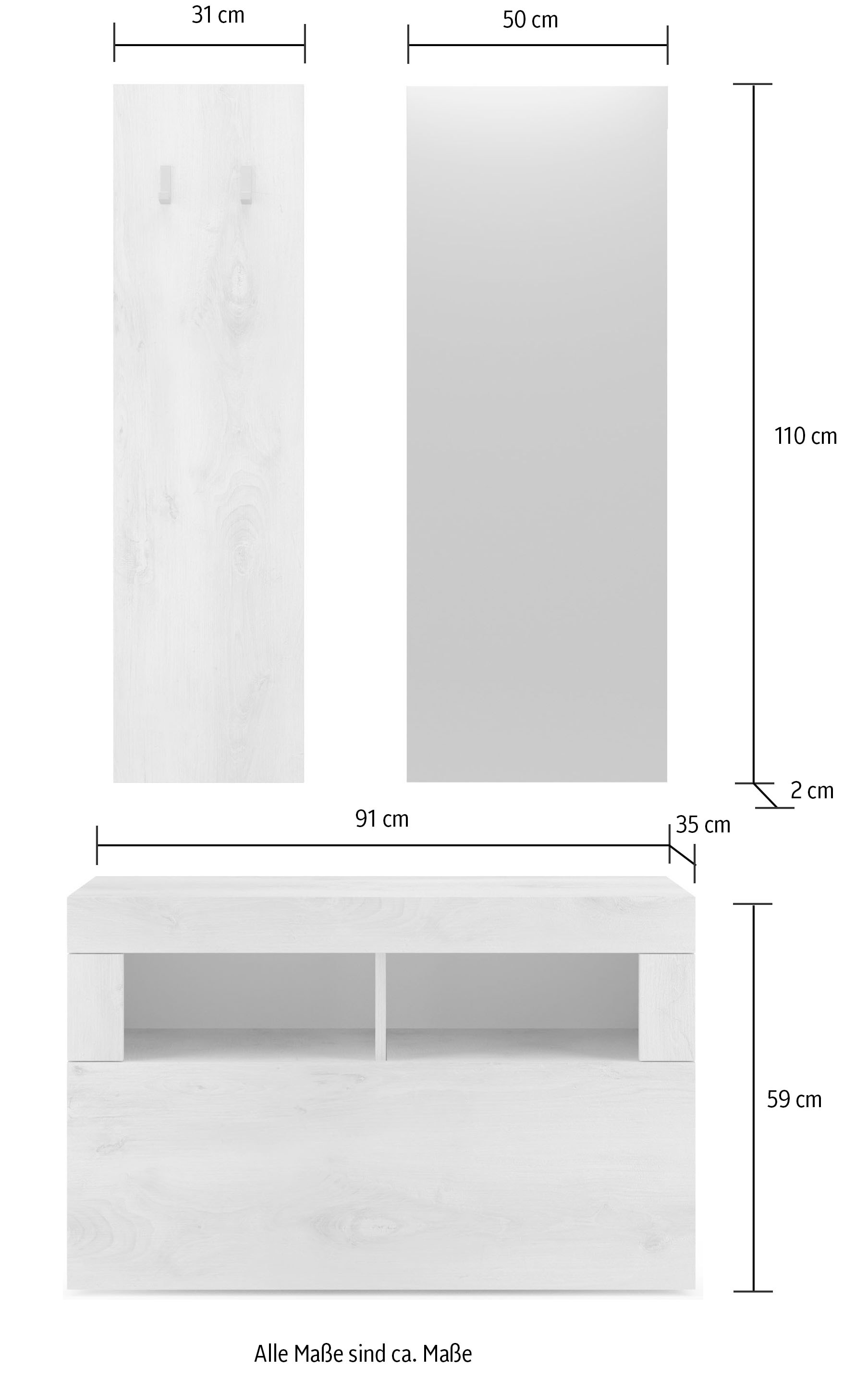 INOSIGN Garderoben-Set »Basic 3tlg. Breite 91 cm, Höhe 187 cm, Wandgarderobe«, (3 St.), (Schuhbank, Garderobenpaneel, Spiegel), Weiss Hochglanz Lack