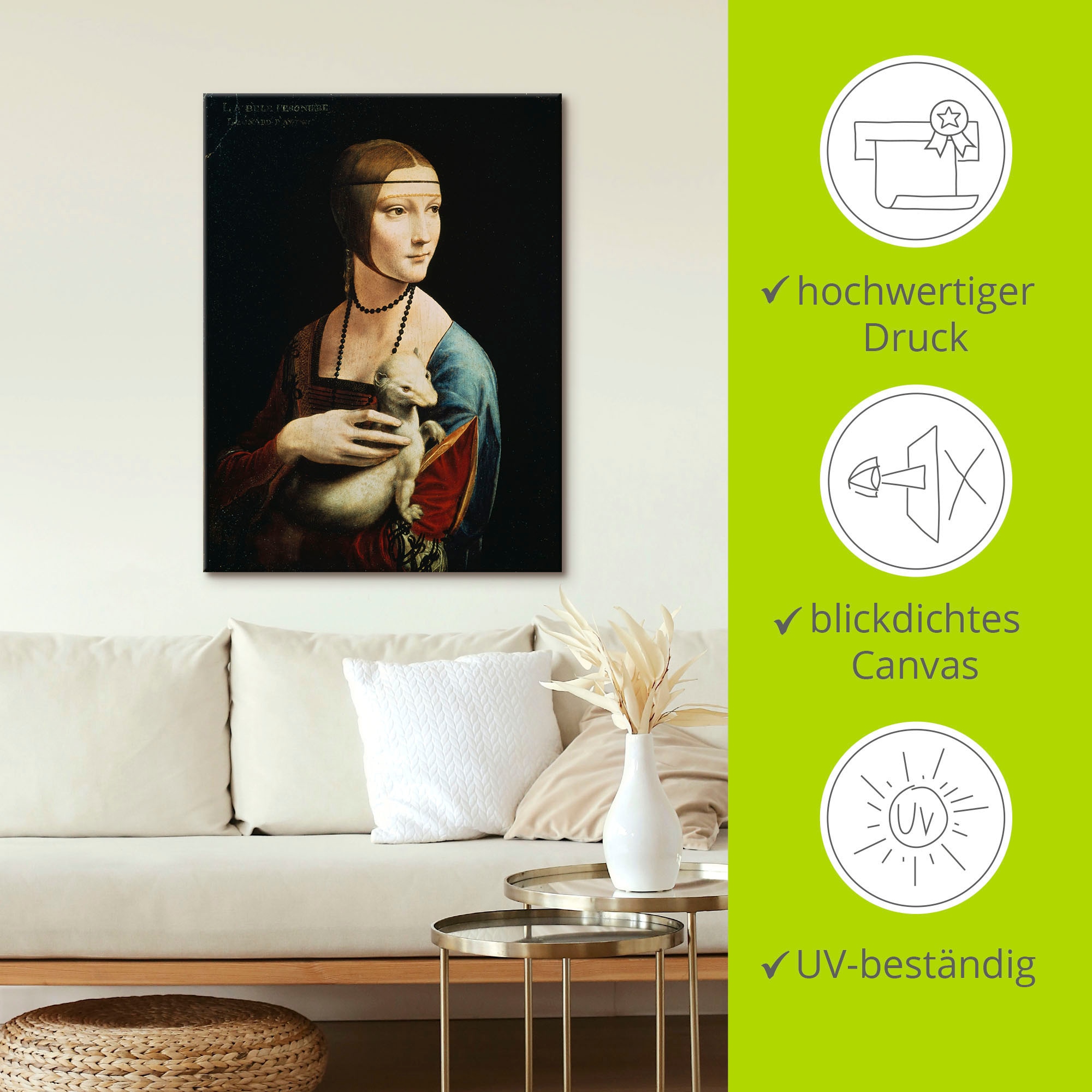 Artland Wandbild »Dame mit dem Hermelin Porträt«, Frau, (1 St.), als Leinwandbild, Poster, Wandaufkleber in verschied. Grössen