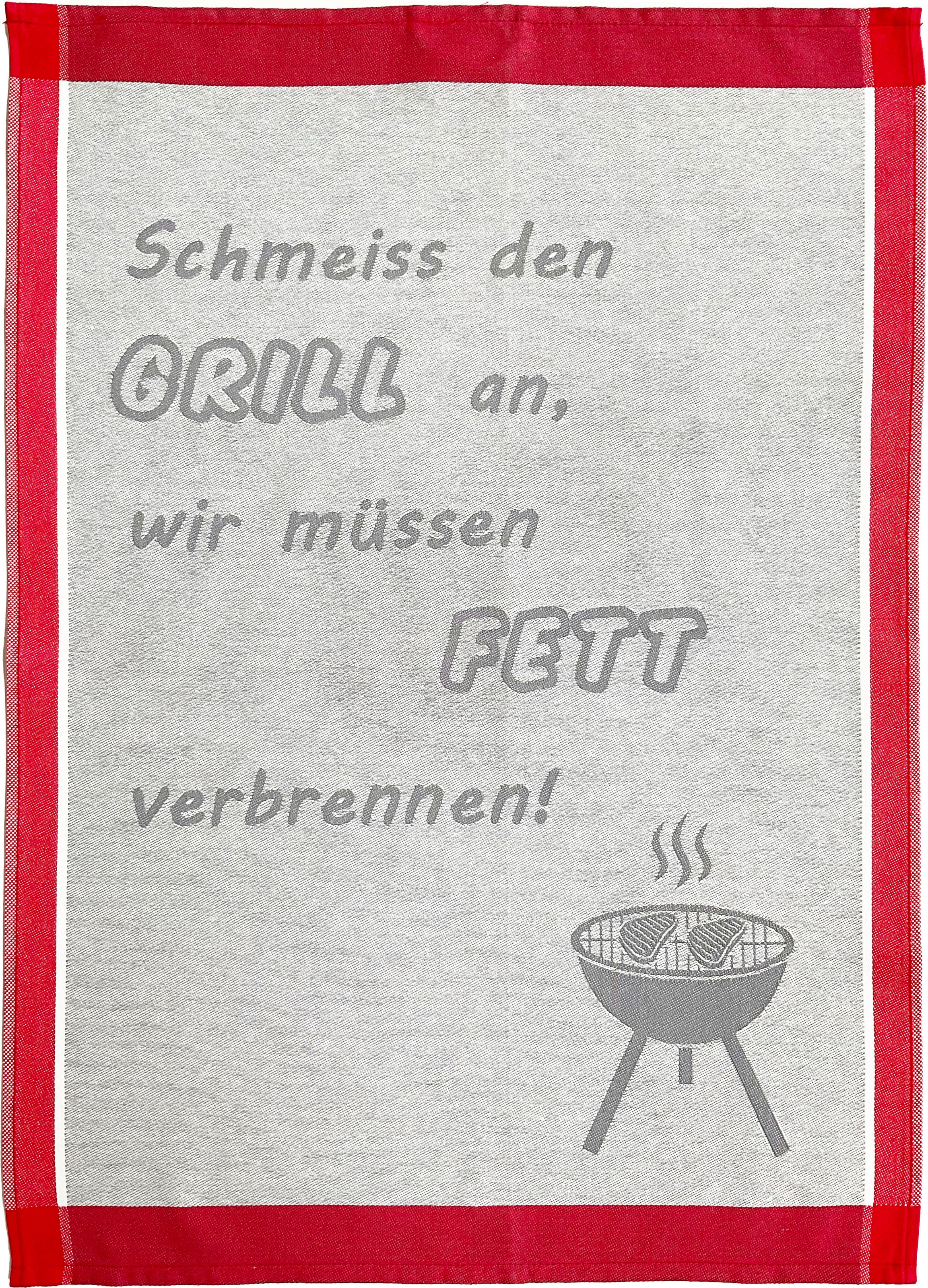 ROSS Geschirrtuch "Schmeiss den Grill an, wir müssen Fett verbrennen" Sprüchetuch, aus 100% Baumwolle