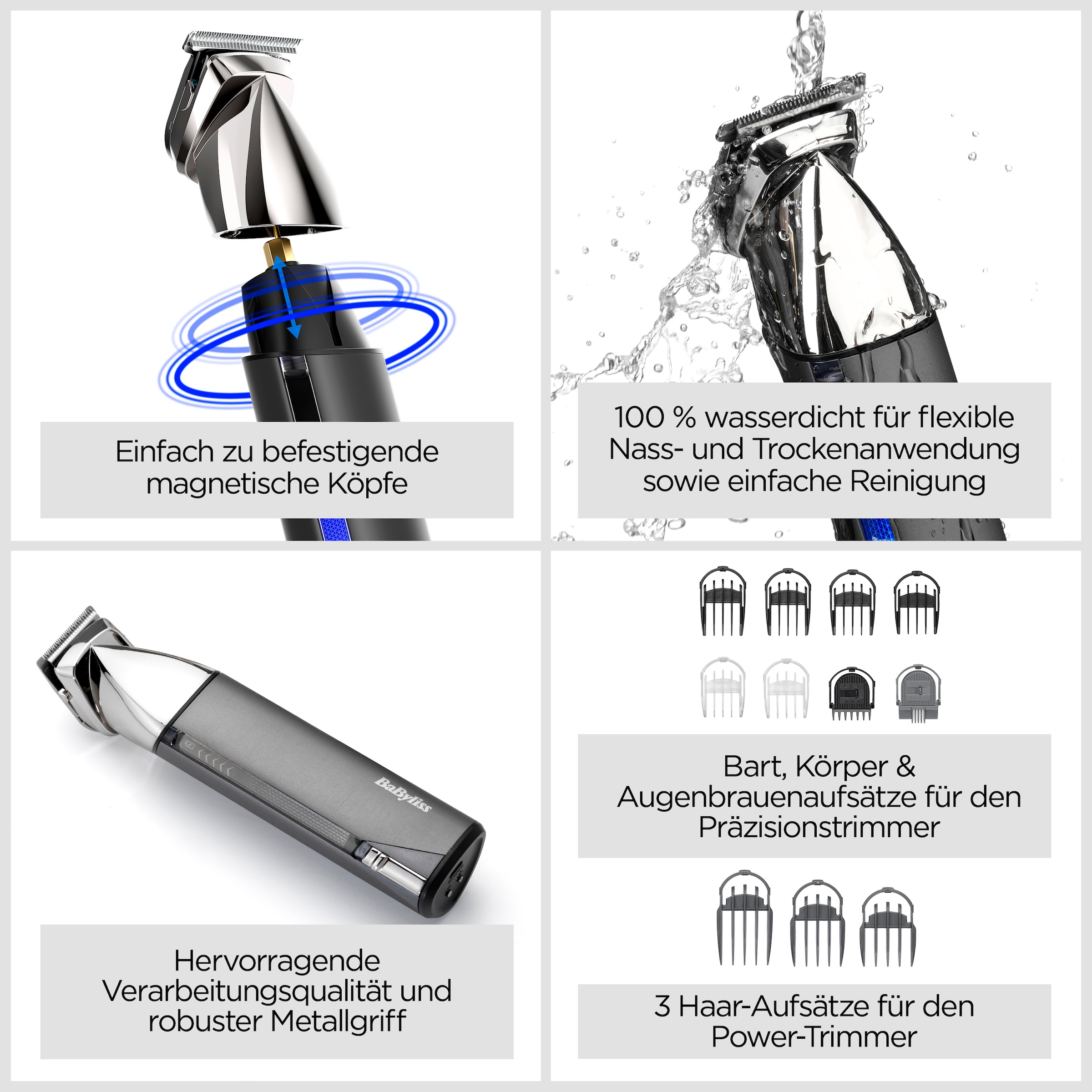 BaByliss Trimmer multifonctionnel »BaByliss Super-X Metal 15-in-1 Multitrimmer für Bart & Körper, MT996E« 4 Aufsätze 15 Aufsätze und Kammführungen, USB-Ladestation, kabellos
